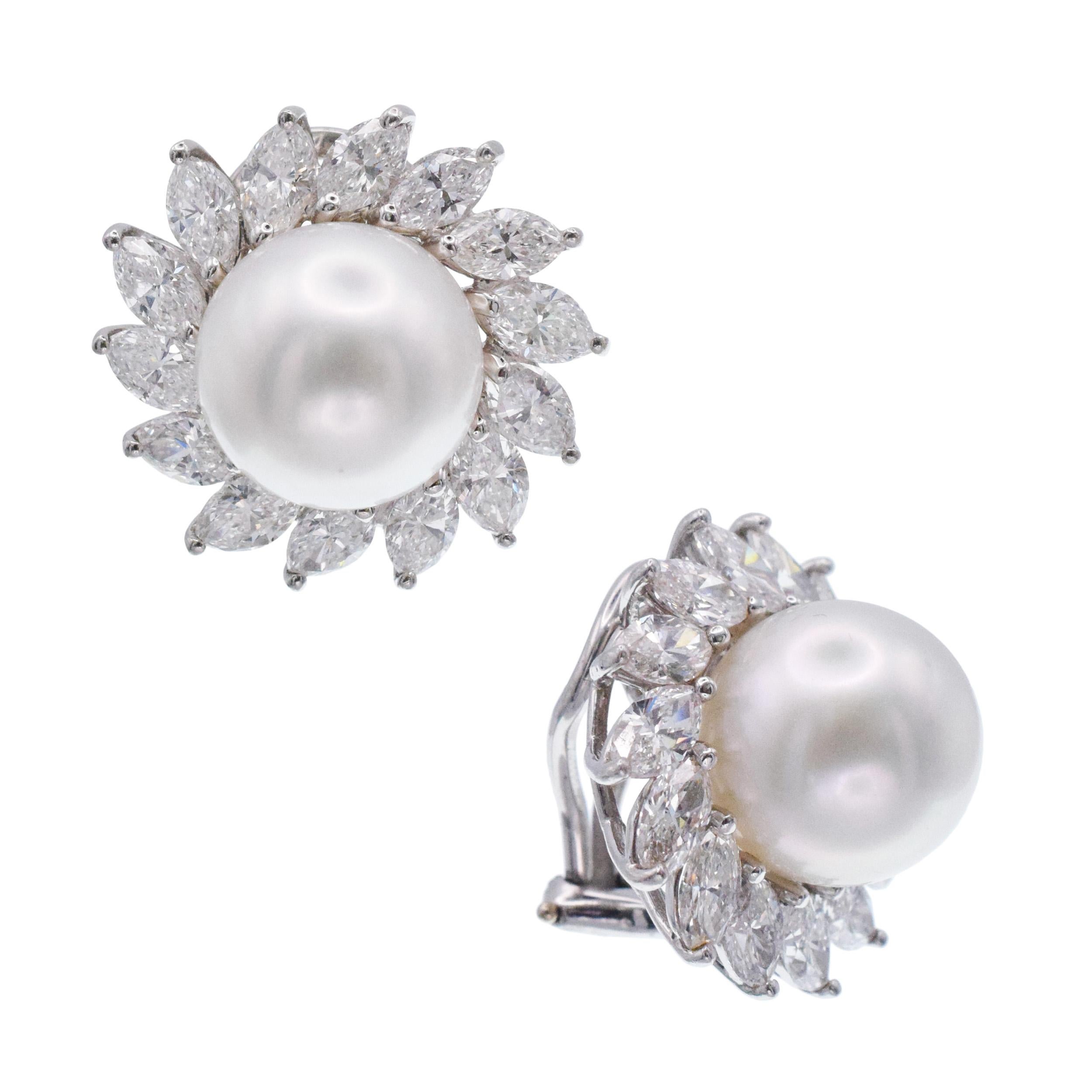 Tiffany & Co. Pearl And  Diamond Ear Clip Earrings In Platinum. In Excellent Condition For Sale In New York, NY