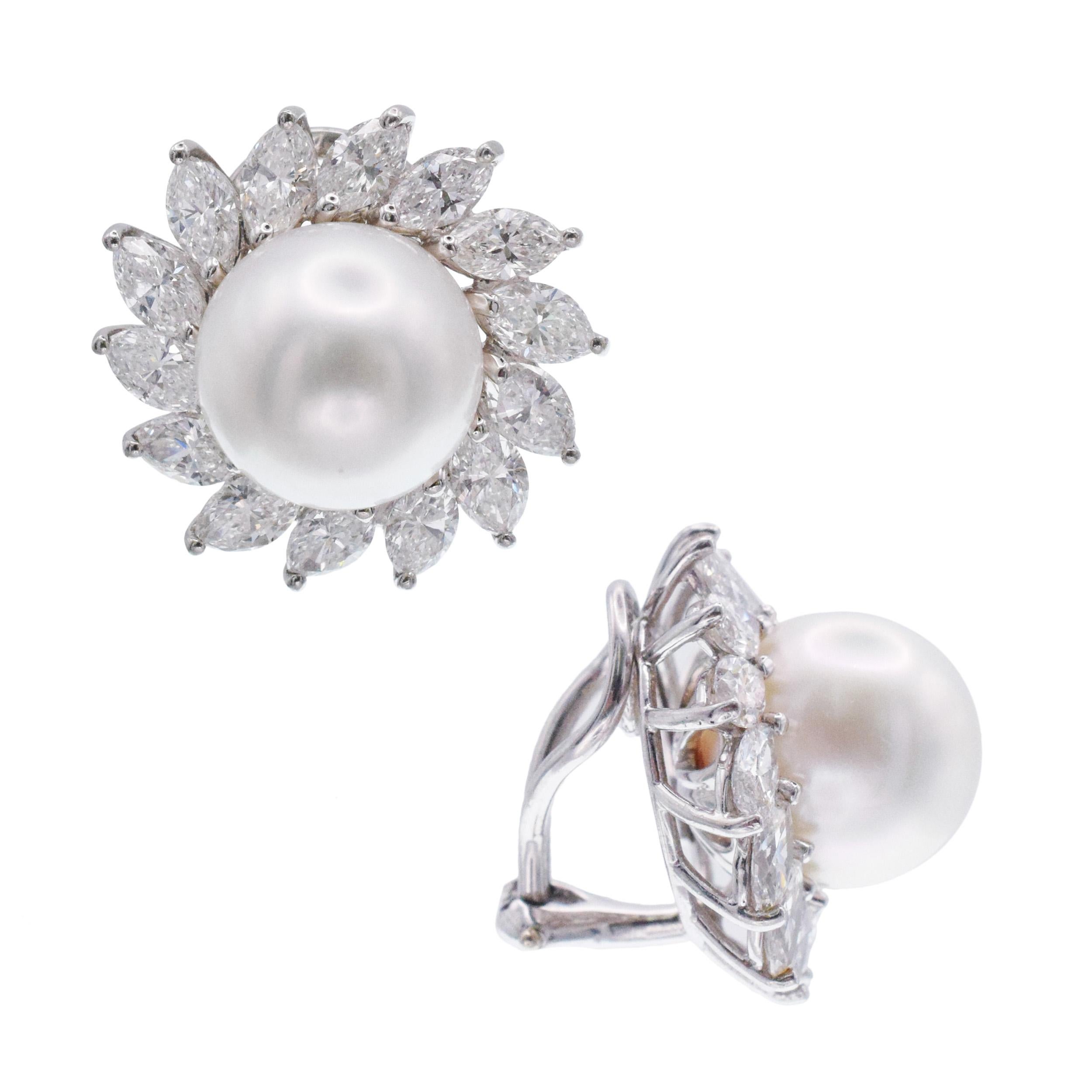 Women's or Men's Tiffany & Co. Pearl And  Diamond Ear Clip Earrings In Platinum. For Sale