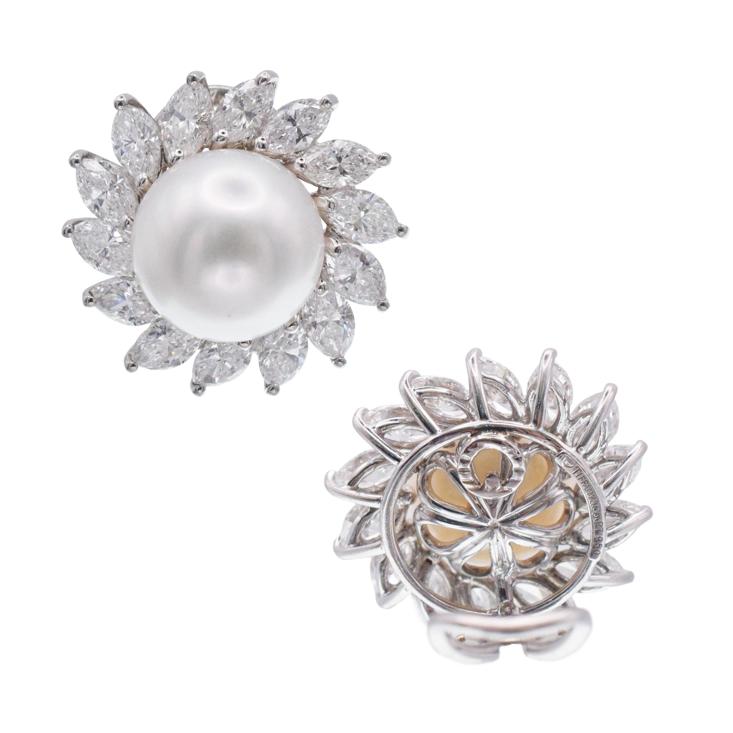 Tiffany & Co. Pearl And  Diamond Ear Clip Earrings In Platinum. For Sale 1
