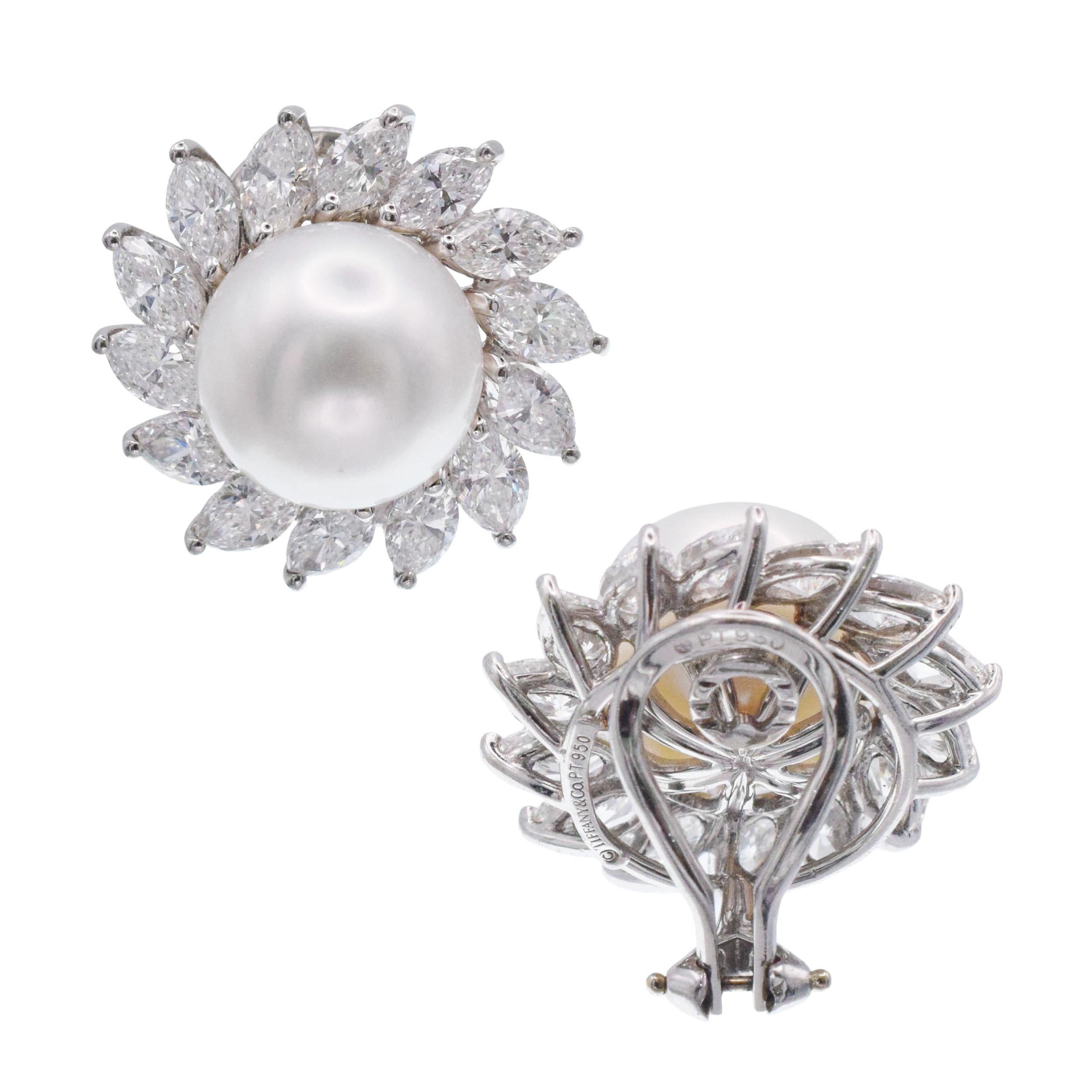 Tiffany & Co. Pearl And  Diamond Ear Clip Earrings In Platinum. For Sale 2
