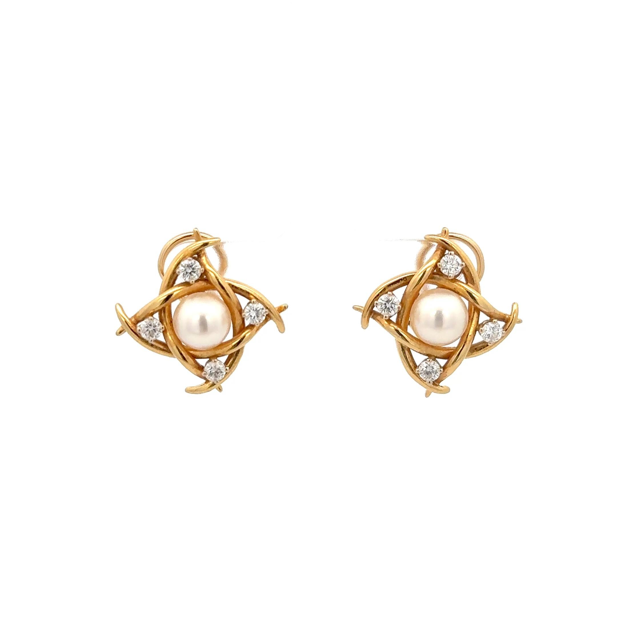 Women's Tiffany & Co. Pearl and Diamond Earrings in 18K Yellow Gold For Sale
