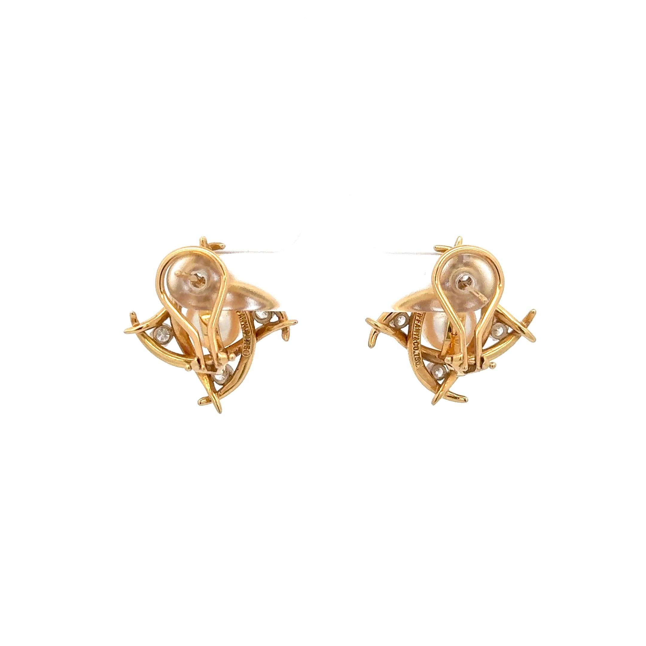 Tiffany & Co. Pearl and Diamond Earrings in 18K Yellow Gold For Sale 1