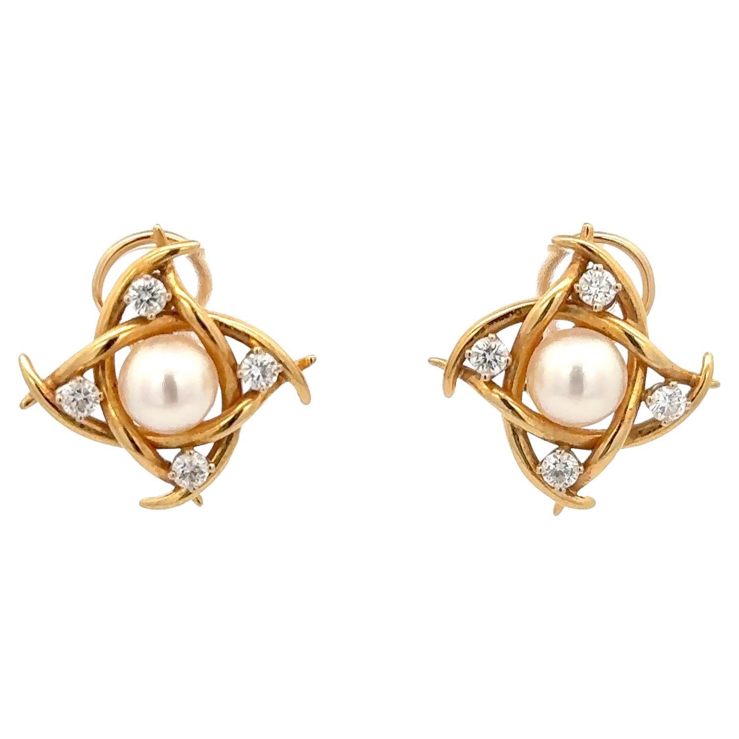 Tiffany & Co. Perlen- und Diamant-Ohrringe aus 18K Gelbgold