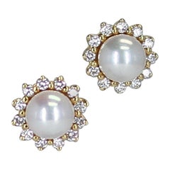 Vintage Tiffany & Co. Pearl and Diamond Stud Earrings, 18 Karat Yellow Gold