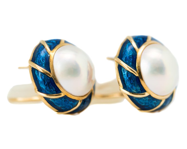 Contemporary Tiffany & Co. Pearl and Enamel 18 Karat Yellow Gold Earrings For Sale