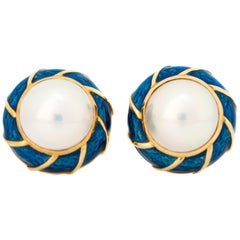 Tiffany & Co. Pearl and Enamel 18 Karat Yellow Gold Earrings