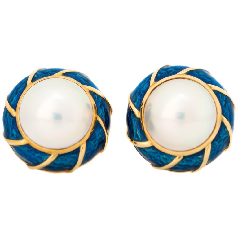 Tiffany & Co. Pearl and Enamel 18 Karat Yellow Gold Earrings For Sale