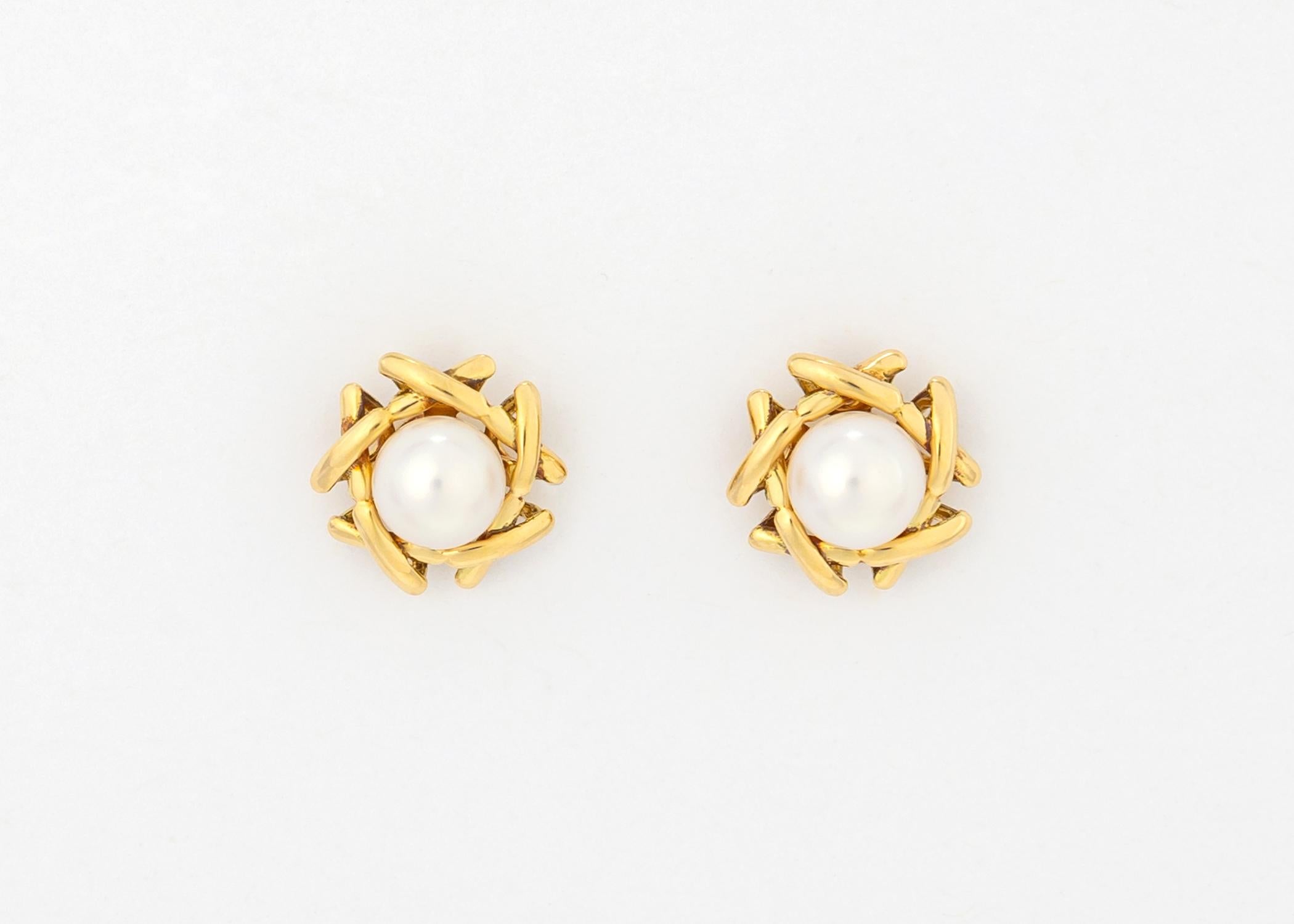 Contemporary Tiffany & Co. Pearl and Gold Stud Earrings For Sale
