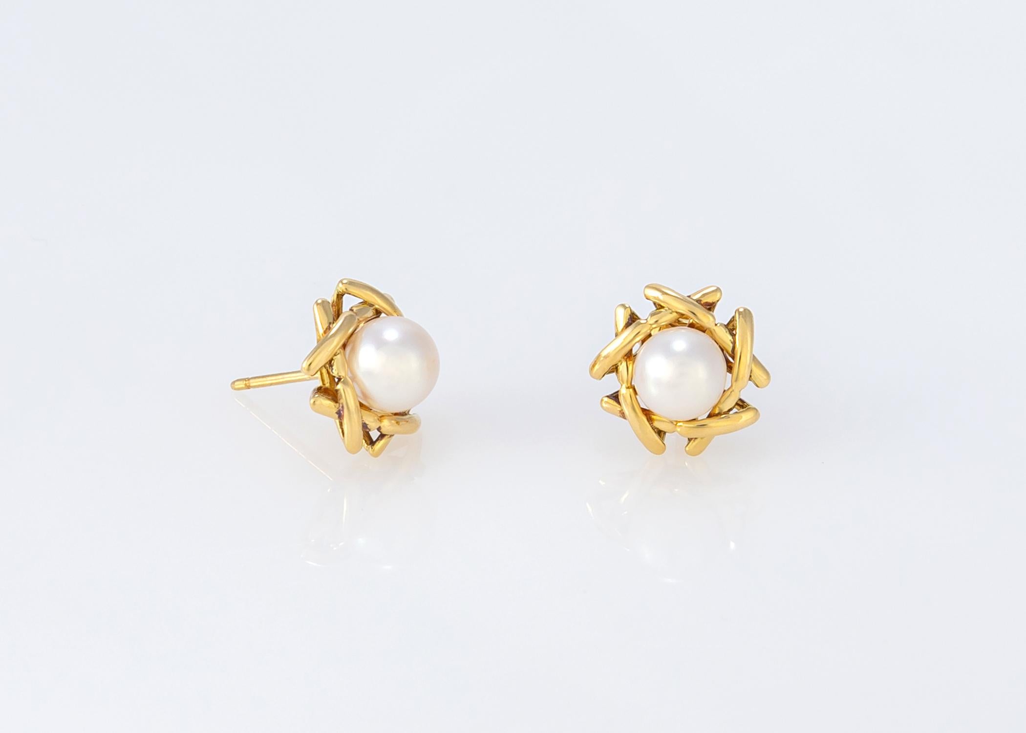 Round Cut Tiffany & Co. Pearl and Gold Stud Earrings For Sale
