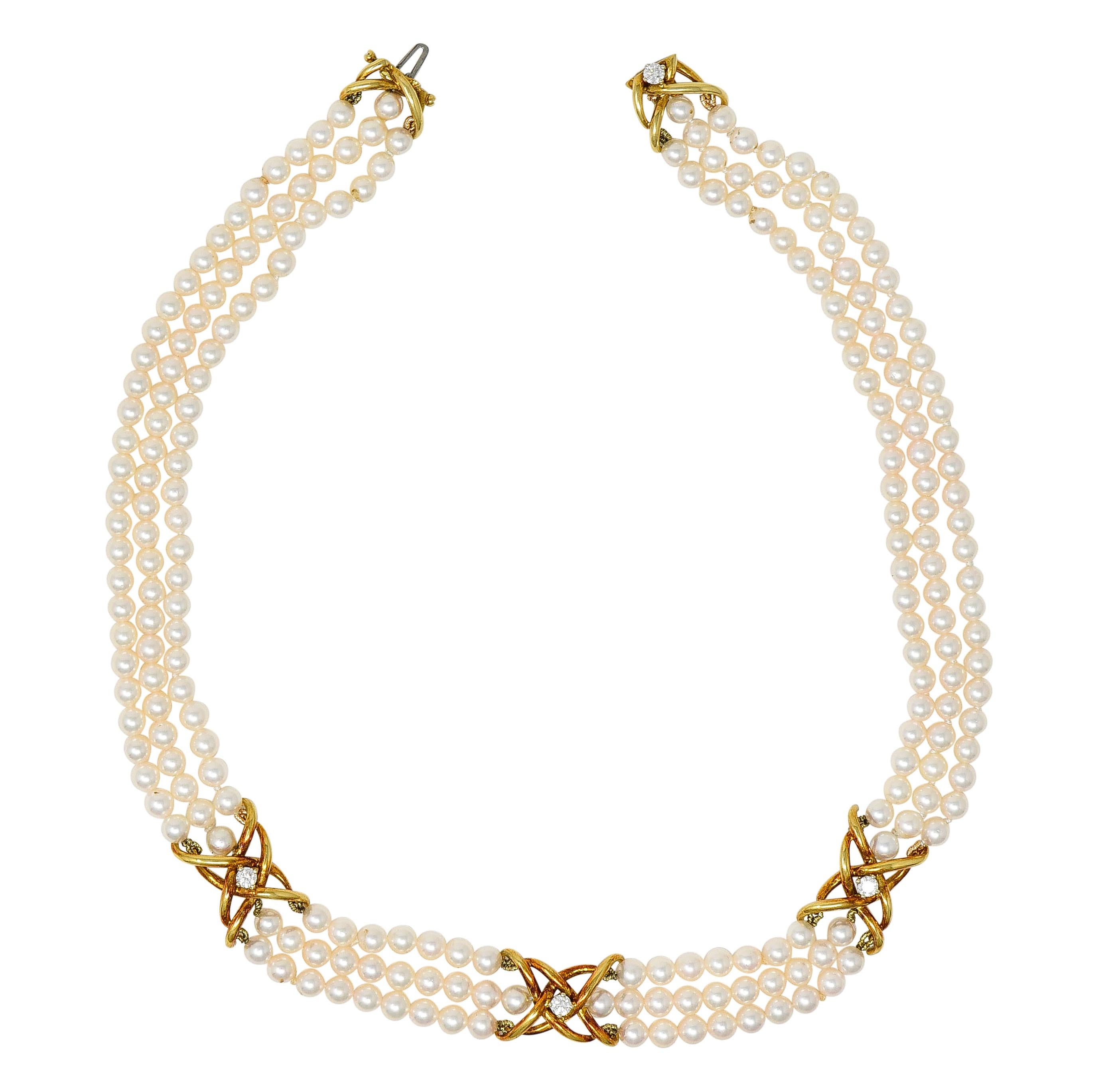 Collar necklace is comprised of three swagged pearl strands
Measuring approximately 4.7 mm  on average with very good luster throughout
Well matched in white body color with moderate to strong rosè overtones
Cinched by four crossed X's that each
