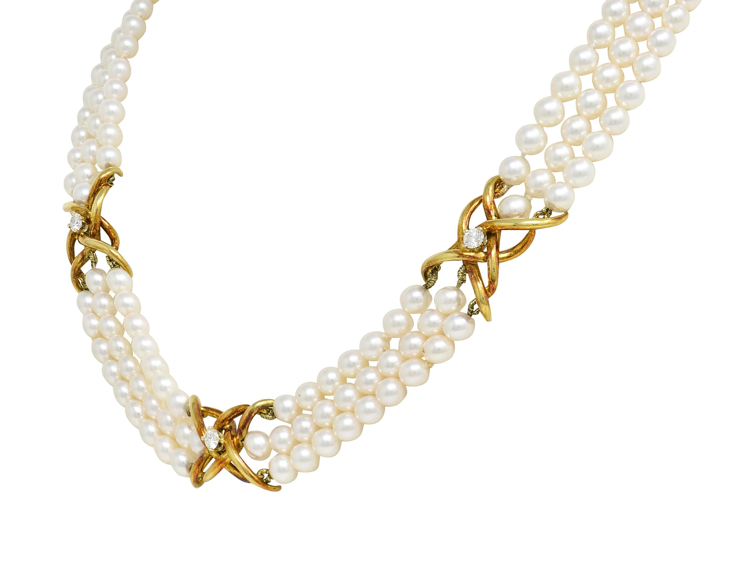 Round Cut Tiffany & Co. Pearl Diamond 18 Karat Gold Vintage Multi-Strand Necklace