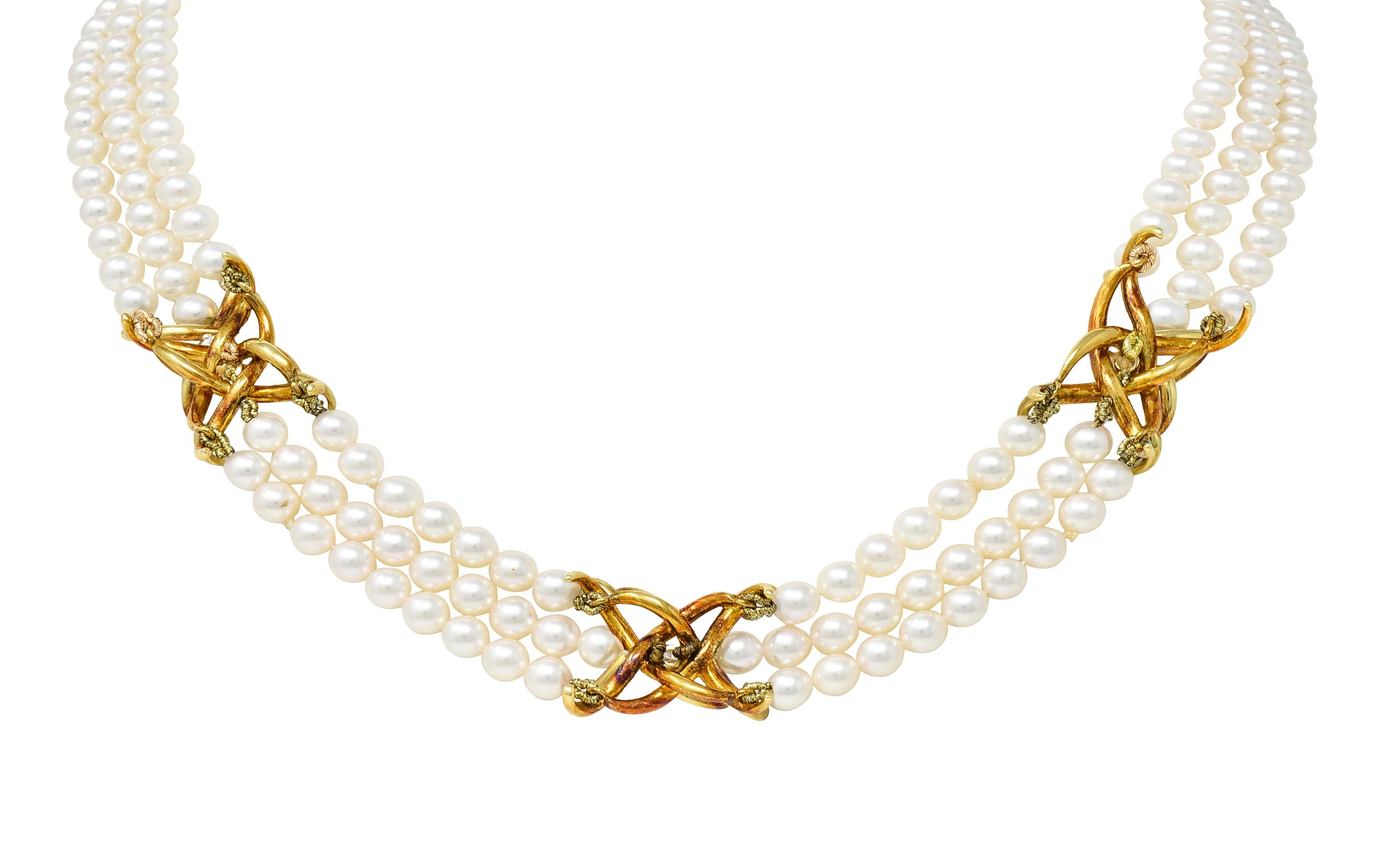 Tiffany & Co. Pearl Diamond 18 Karat Gold Vintage Multi-Strand Necklace In Excellent Condition In Philadelphia, PA