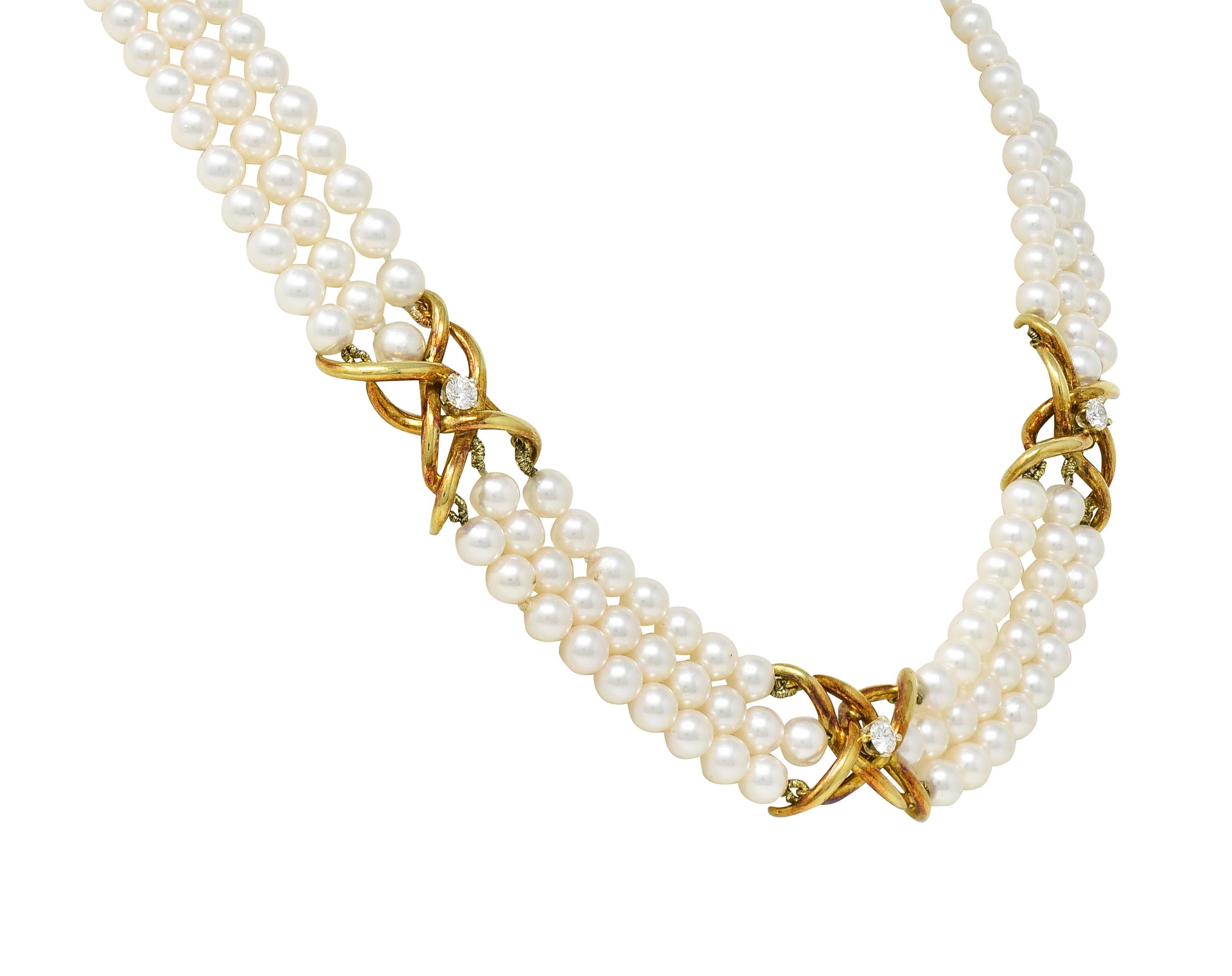 Women's or Men's Tiffany & Co. Pearl Diamond 18 Karat Gold Vintage Multi-Strand Necklace