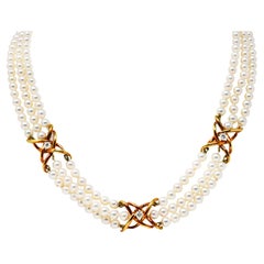 Tiffany & Co. Pearl Diamond 18 Karat Gold Vintage Multi-Strand Necklace