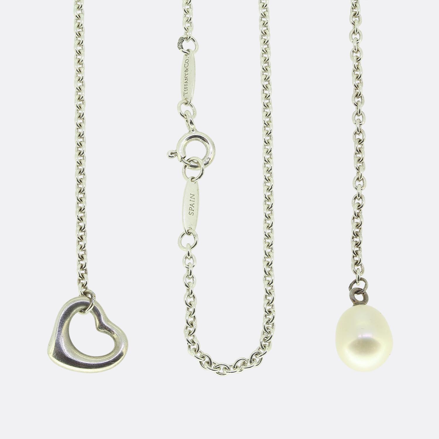 Oval Cut Tiffany & Co. Pearl Open Heart Lariat Necklace