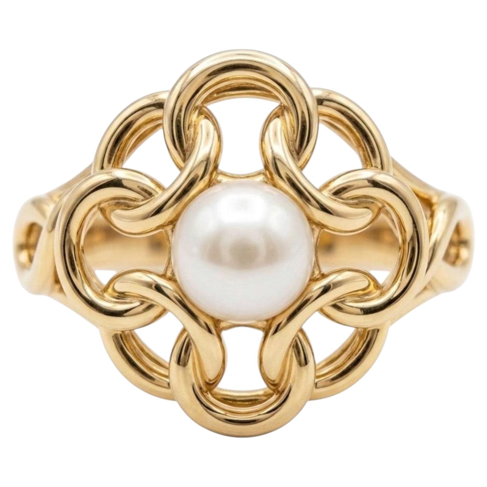 Tiffany & Co. Pearl Ring 14K Yellow Gold Openwork Cocktail Ring with Box For Sale