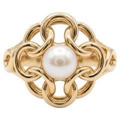 Tiffany & Co. Pearl Ring 14K Yellow Gold Openwork Cocktail Ring with Box
