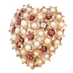 Tiffany & Co. Pearl Ruby Diamond Gold Domed Heart Brooch