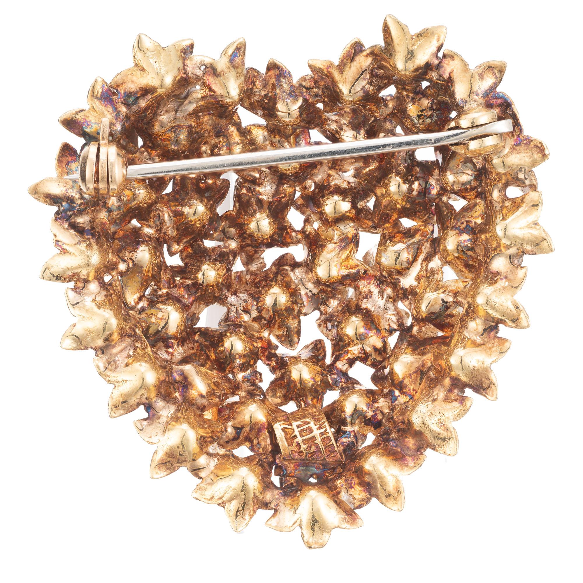 Round Cut Tiffany & Co. Pearl Ruby Diamond Gold Domed Heart Brooch For Sale