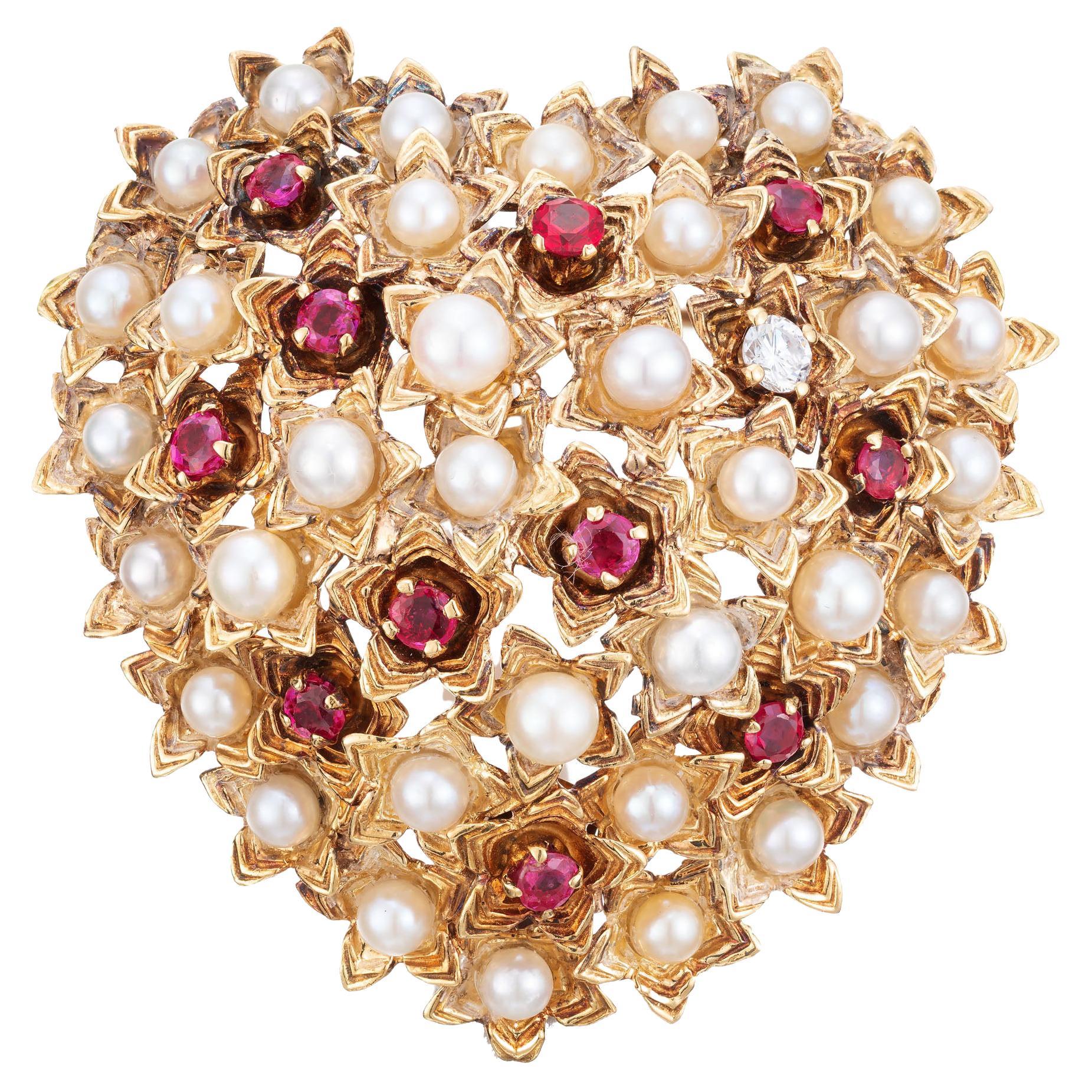 Tiffany & Co. Pearl Ruby Diamond Gold Domed Heart Brooch For Sale
