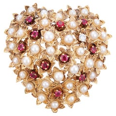 Tiffany & Co. Pearl Ruby Diamond Gold Domed Heart Brooch