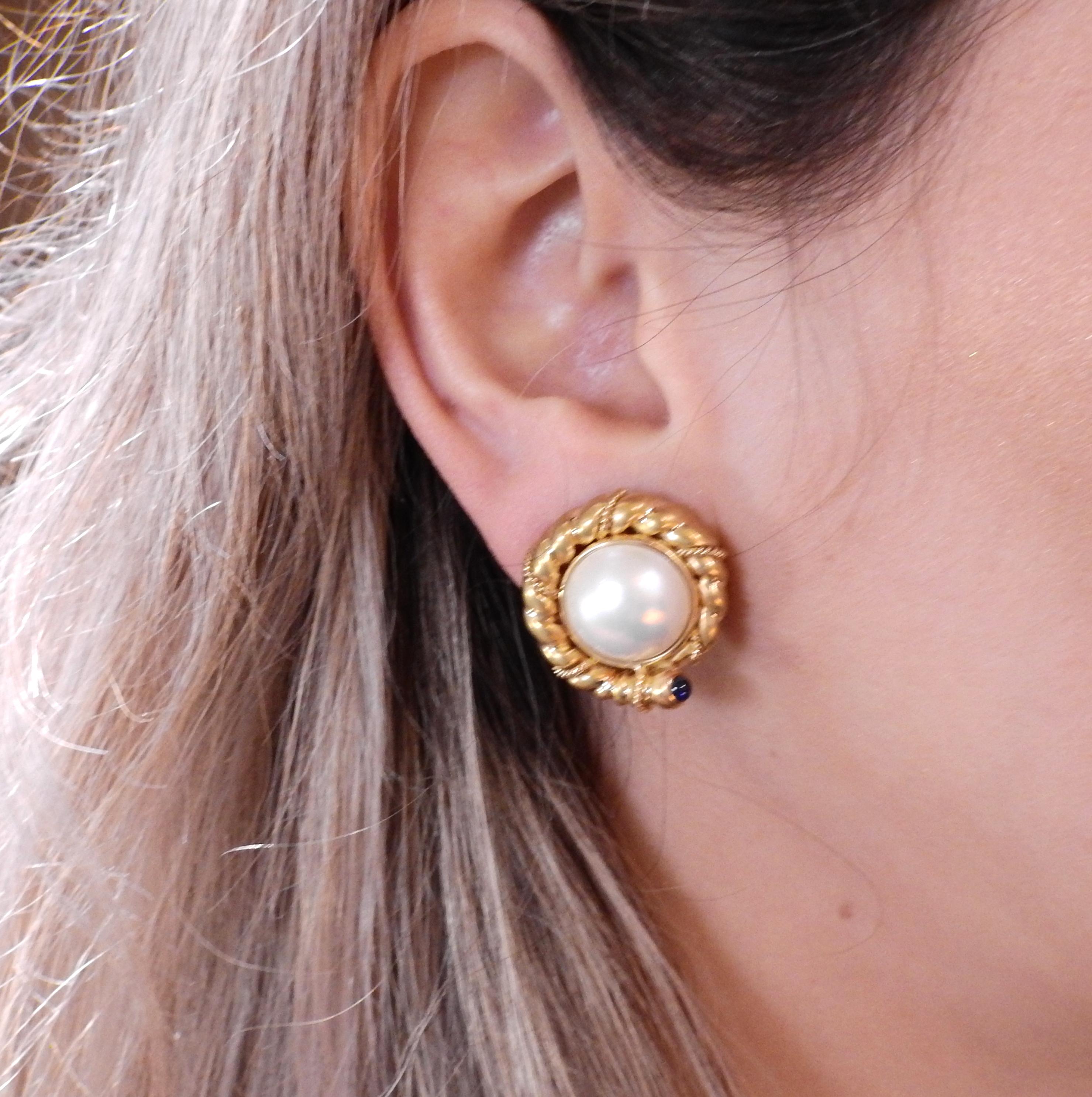 Tiffany & Co. Pearl Sapphire Gold Earrings 1
