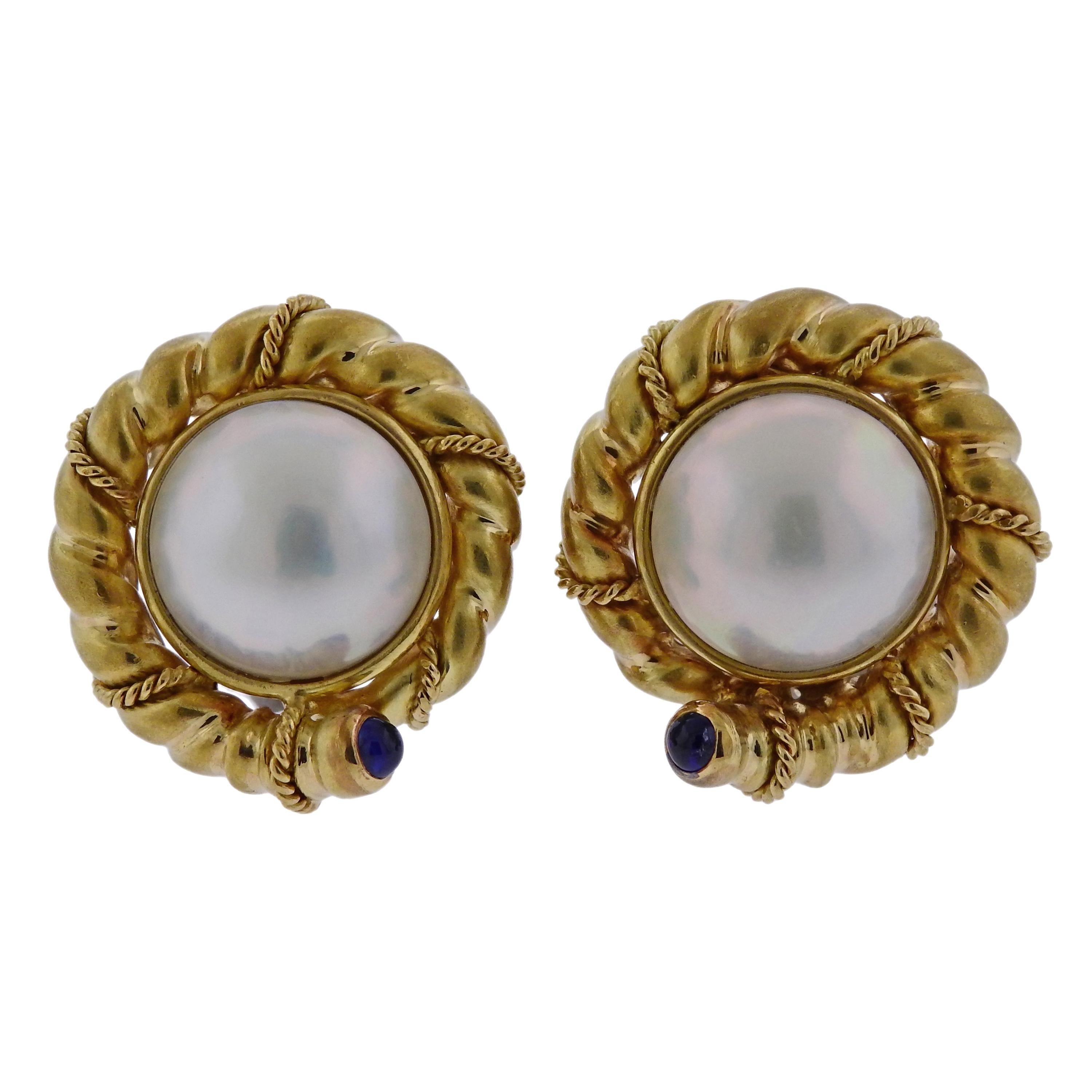 Tiffany & Co. Pearl Sapphire Gold Earrings