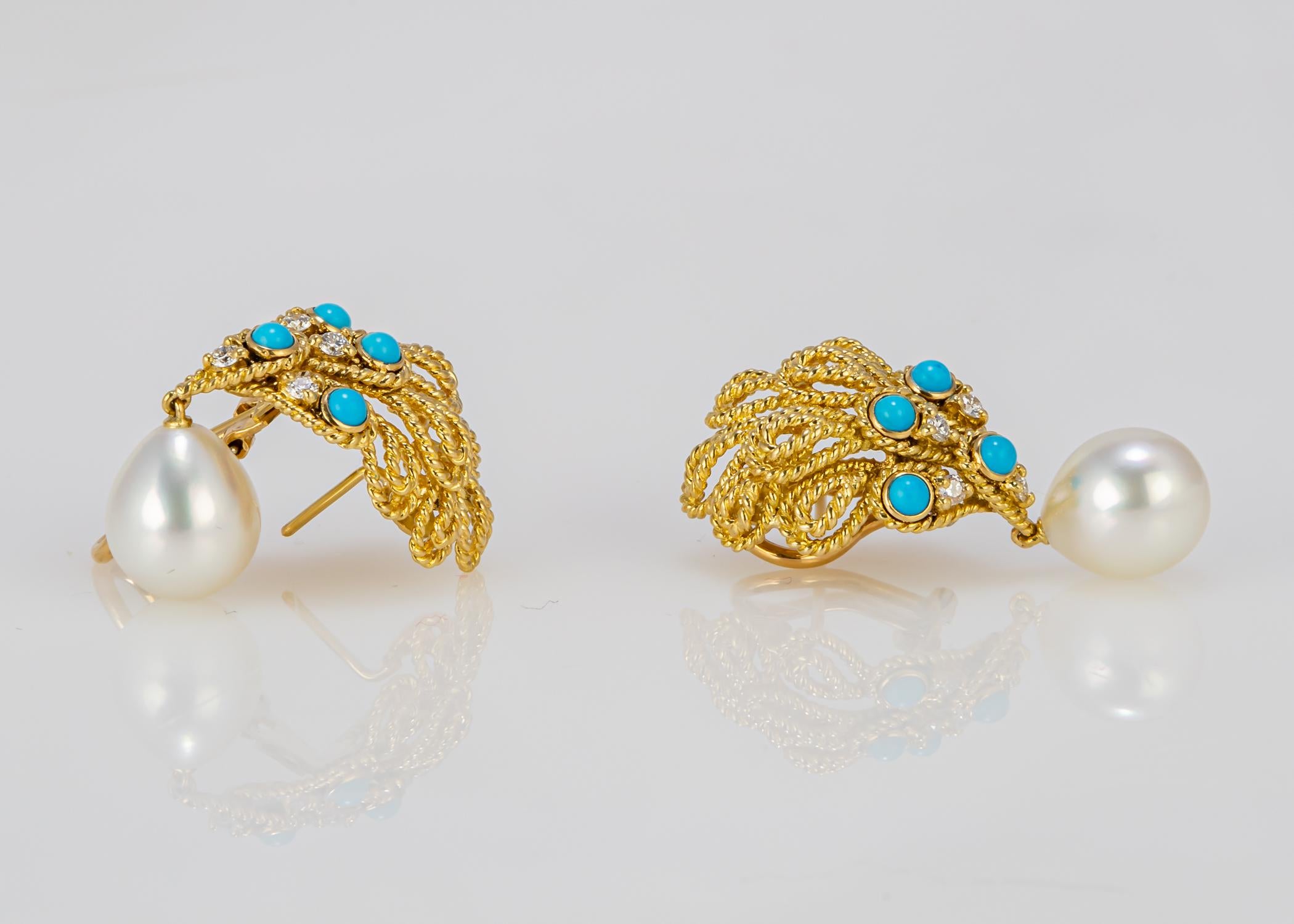 Tiffany & Co. Perlen-Türkis und Diamant-Ohrringe (Tropfenschliff) im Angebot