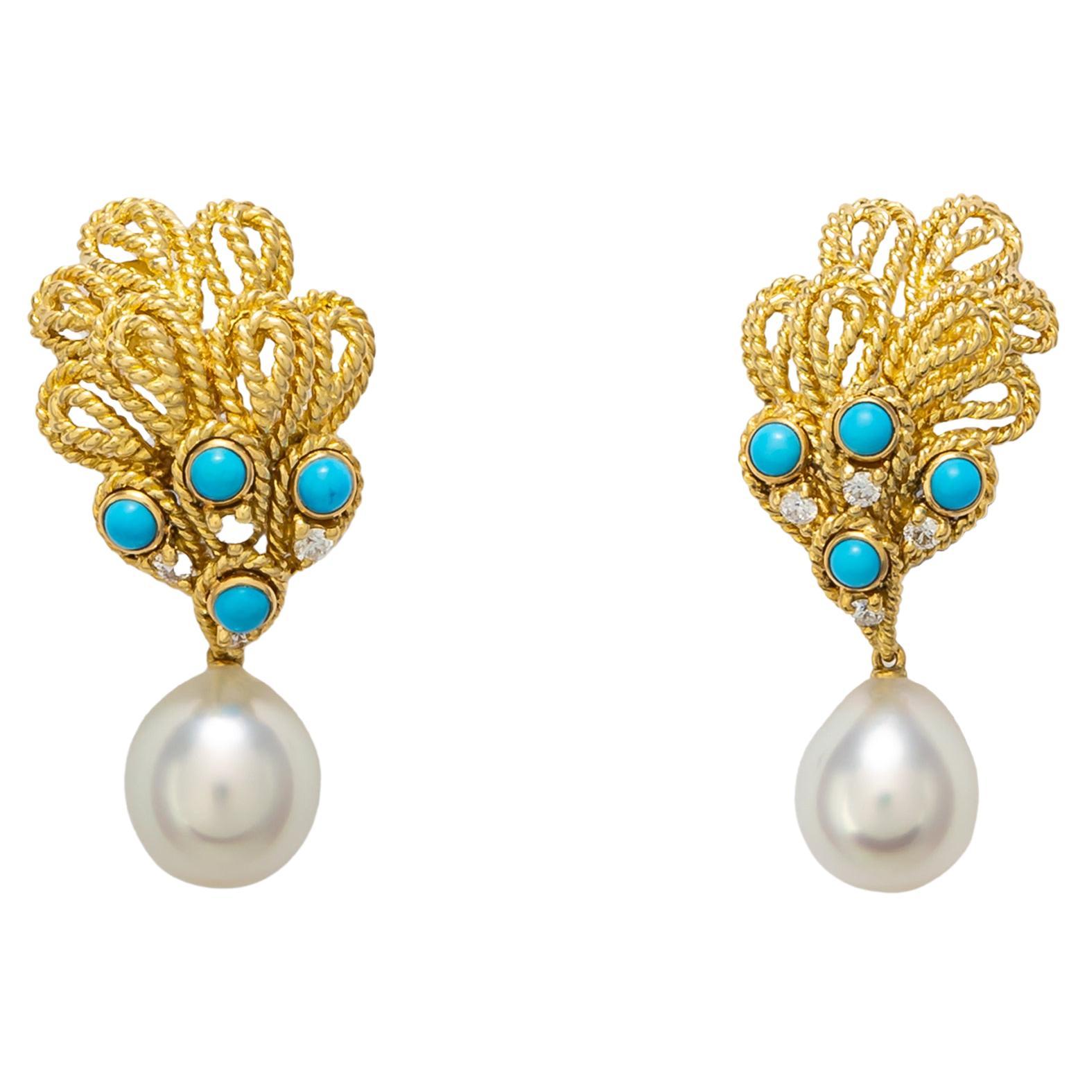 Tiffany & Co. Boucles d'oreilles perles, turquoises et diamants