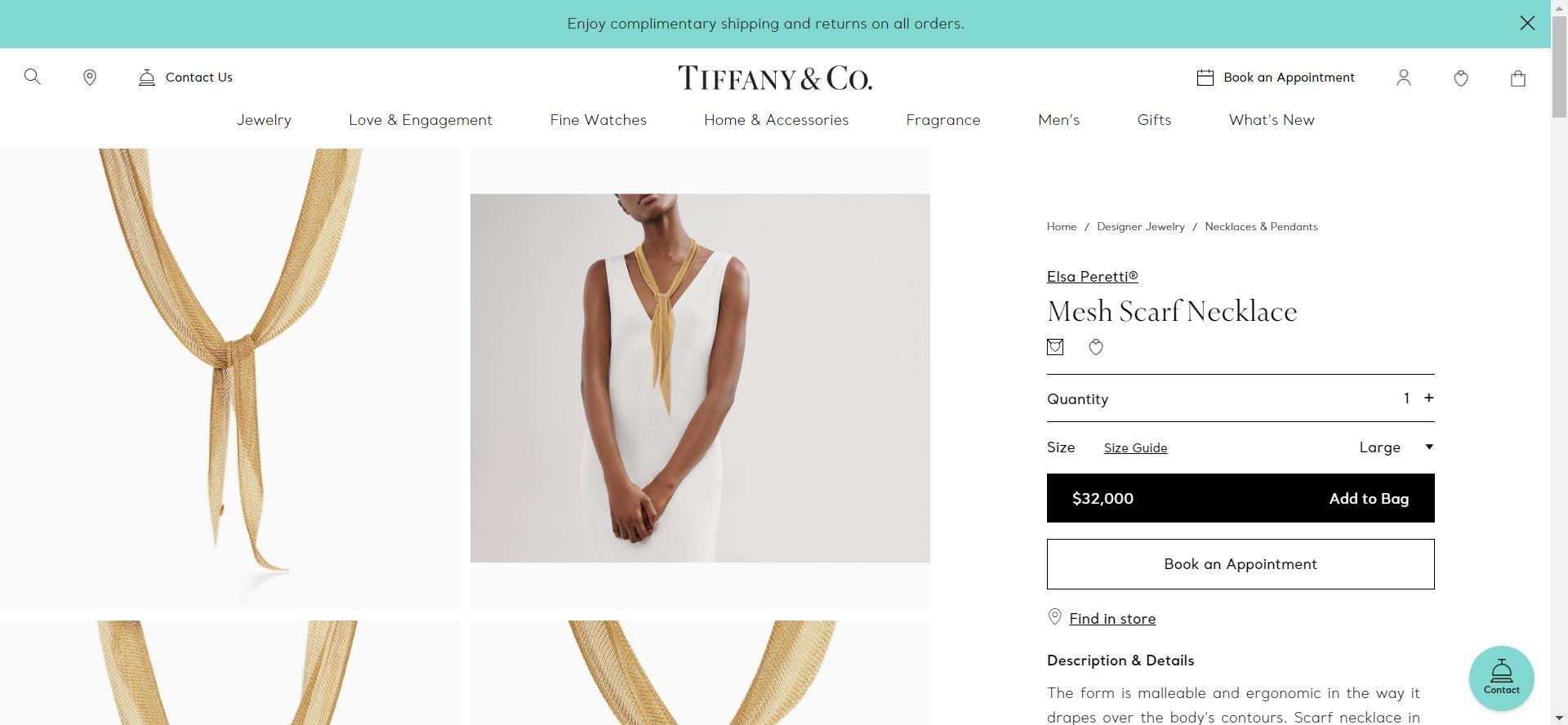 Tiffany & Co. Peretti 18 Karat Yellow Gold Mesh Scarf Necklace 1