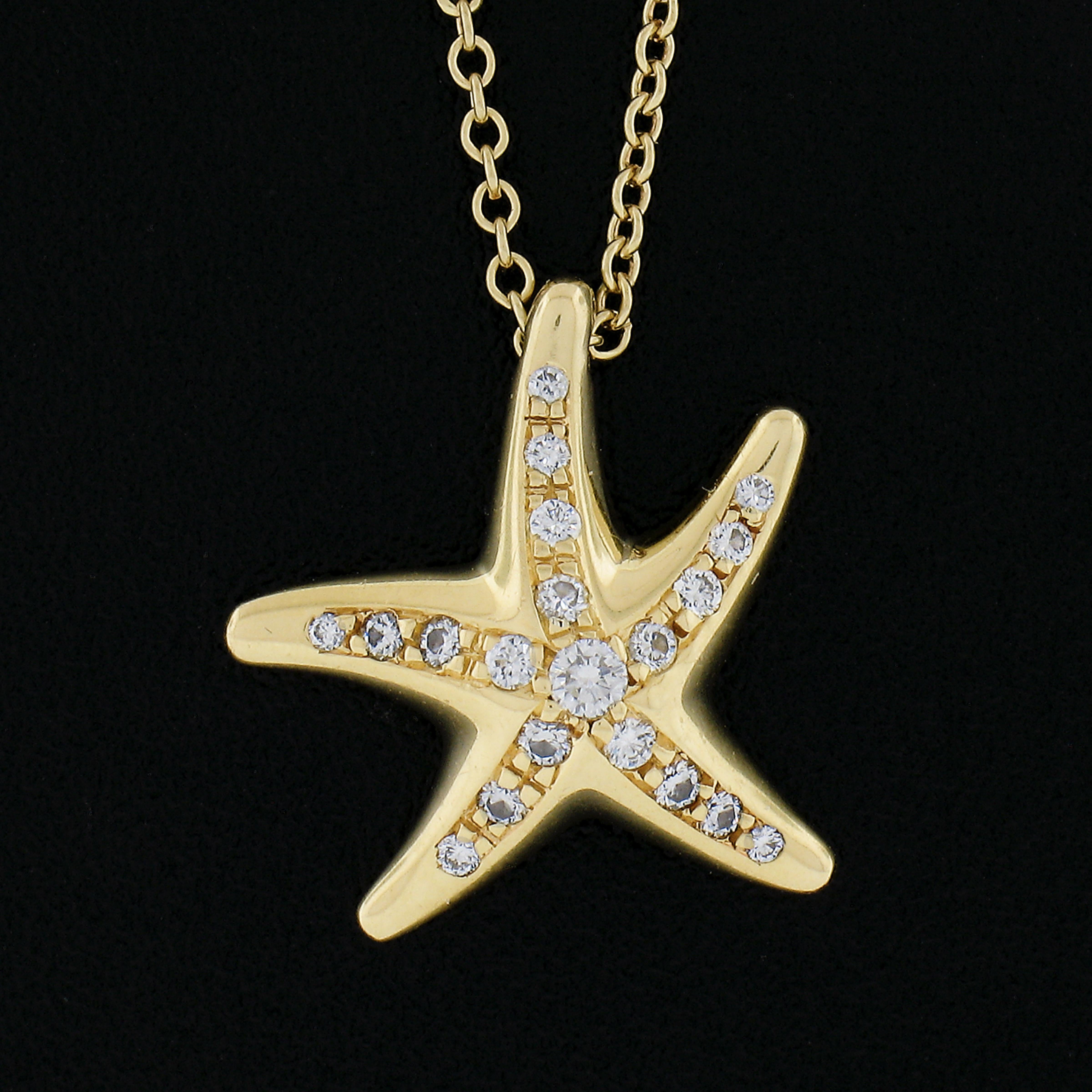 Round Cut Tiffany & Co. Peretti 18k Yellow Gold Diamond Starfish Pendant 16