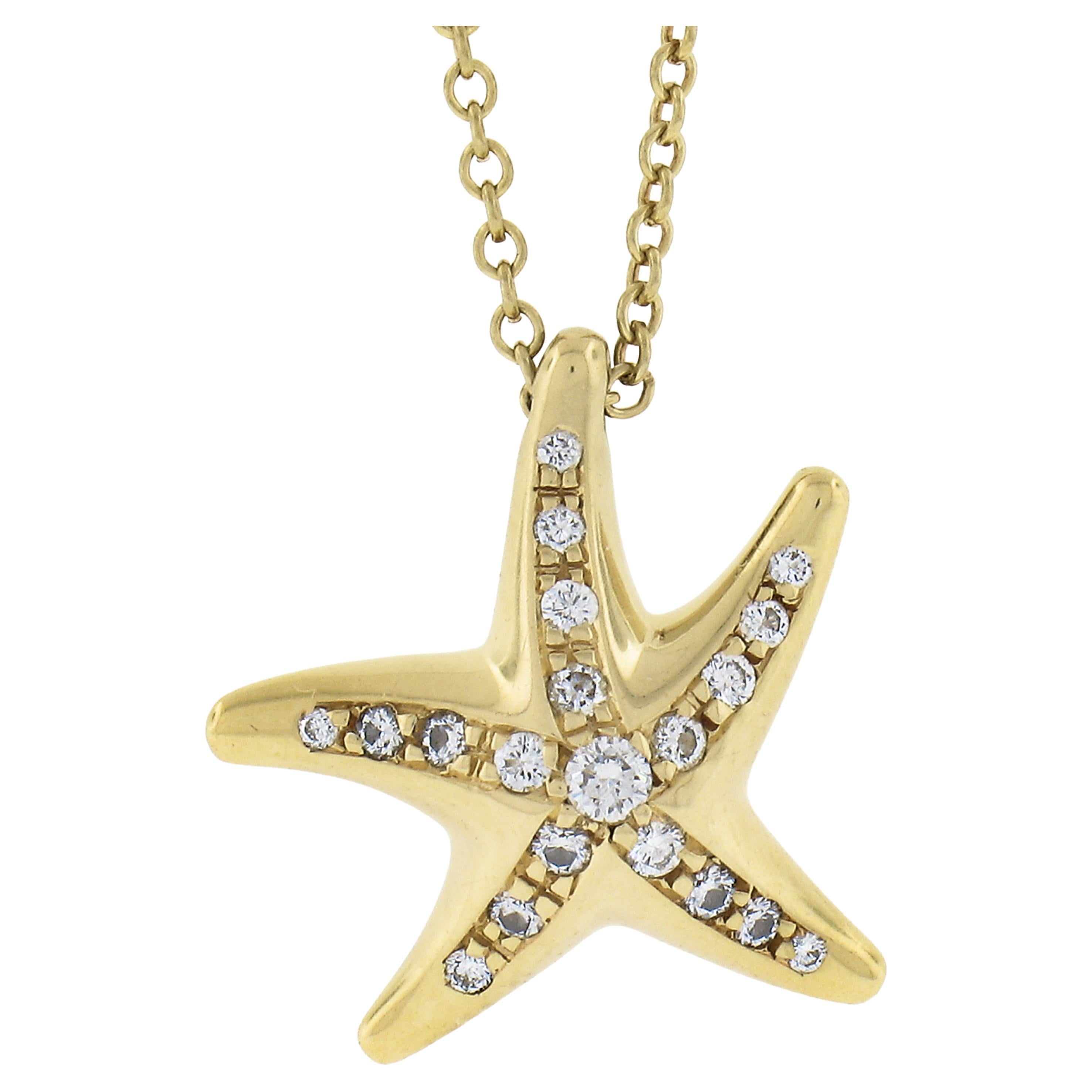 Tiffany & Co. Peretti 18k Yellow Gold Diamond Starfish Pendant 16" Cable Chain For Sale