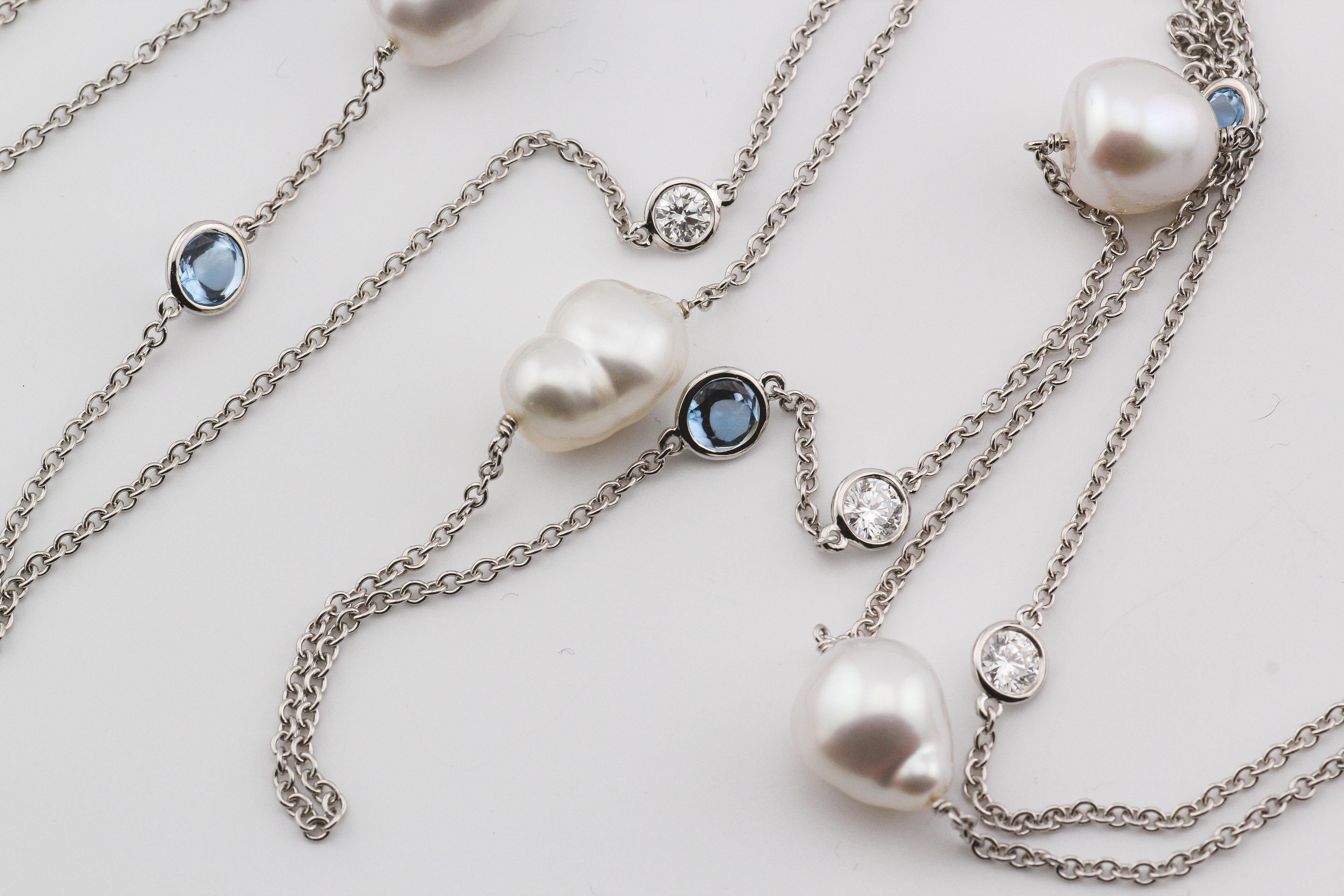 Tiffany & Co Peretti Aquamarine Pearl Diamond Platinum Sprinkle By Yard Necklace For Sale 2