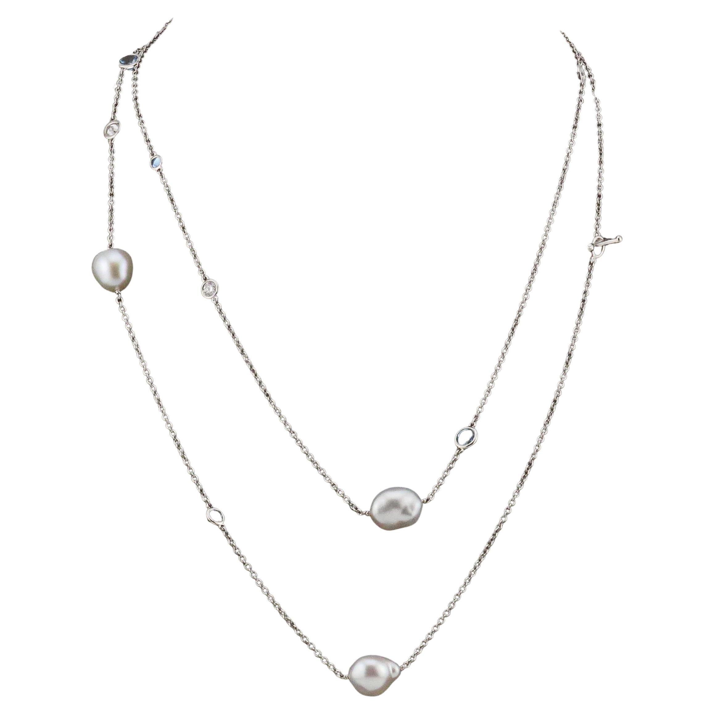 Tiffany & Co Peretti Aquamarine Pearl Diamond Platinum Sprinkle By Yard Necklace