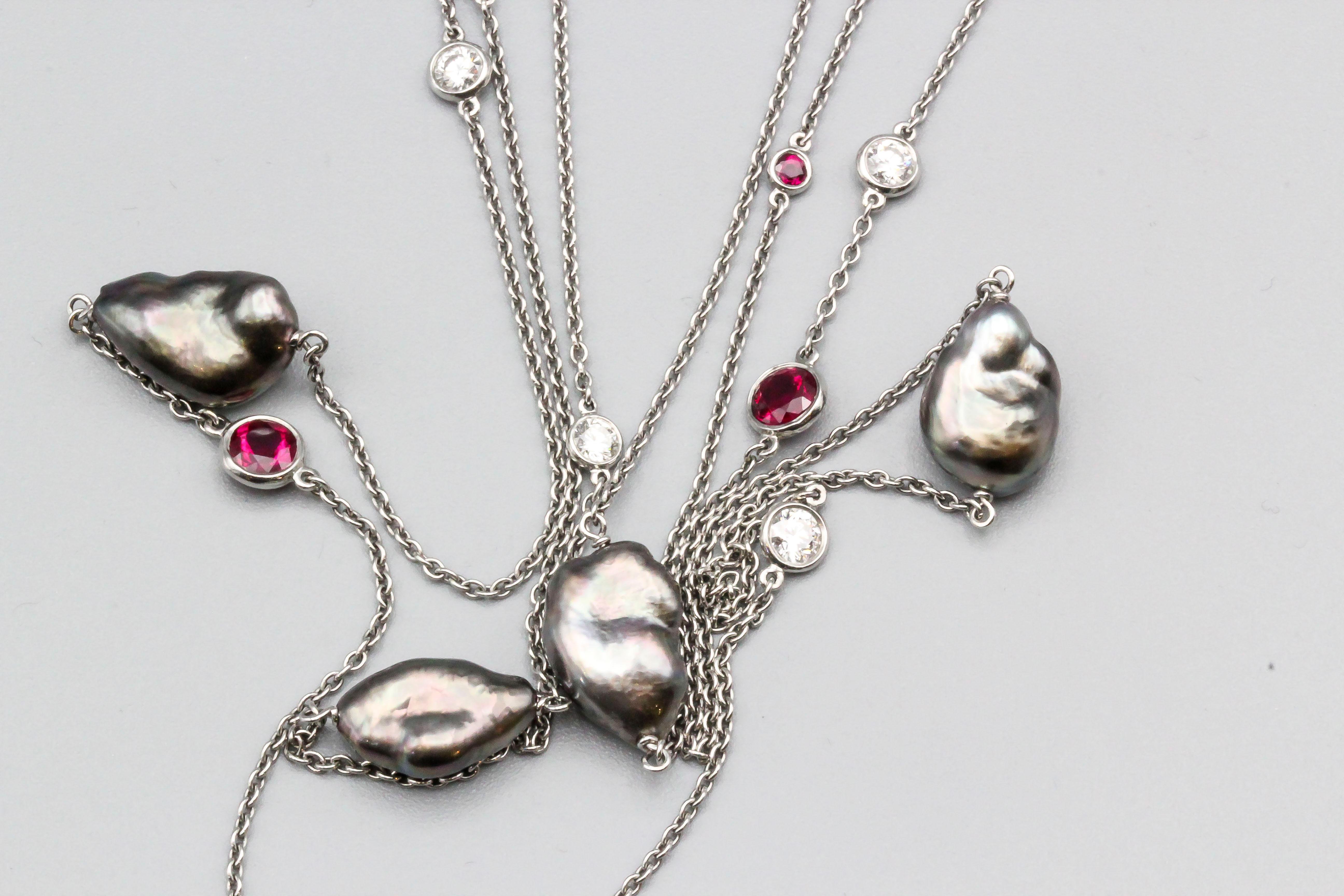 Tiffany & Co. Peretti by Yard Pearl, Diamond, Ruby and Platinum Necklace Chain In Excellent Condition In New York, NY