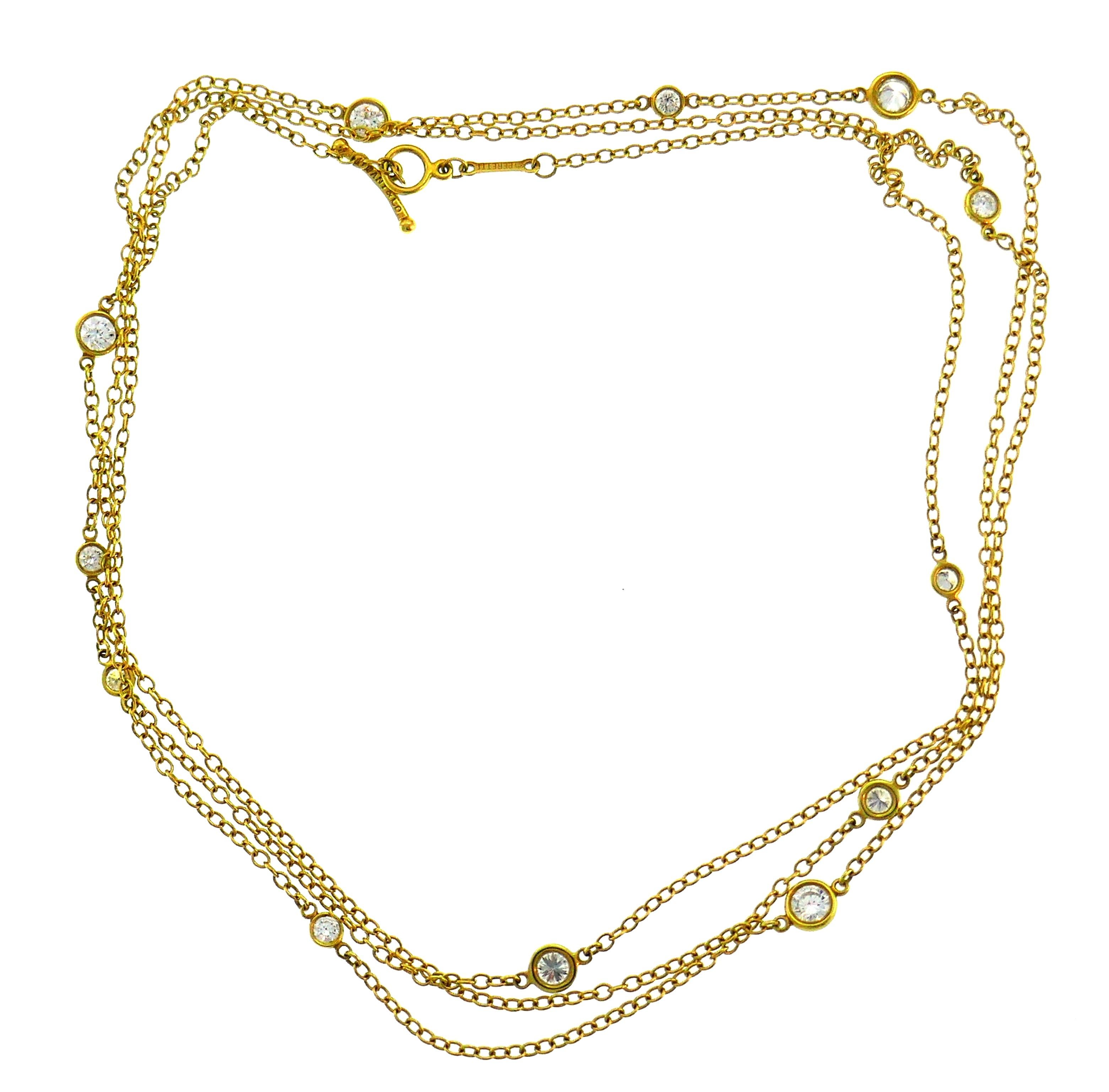 Signature Diamonds by the Yard Sprinkle necklace created by Elsa Peretti for Tiffany & Co. Elegant, feminine and wearable, the necklace is a great addition to your jewelry collection. 
The necklace is made of 18 karat yellow gold and set with twelve