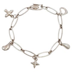 Tiffany & Co Peretti Sterlingsilber-Charm-Armband, Herz, Bohnen, Taube, Stern, #20138