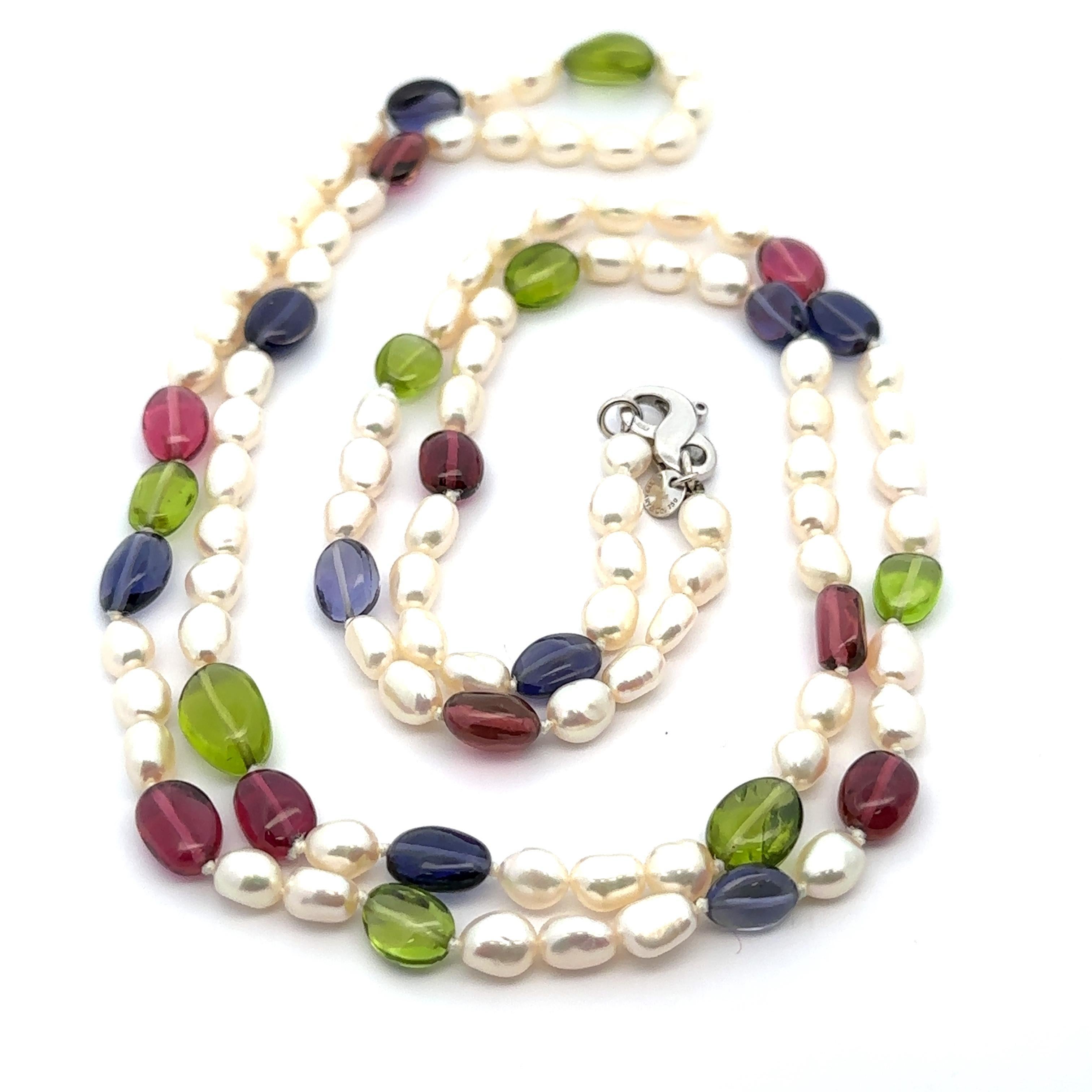 --Stone(s):--
Numerous Genuine Cultured Pearls - Baroque Shape - Strung - White Color w/ Pink Overtone 
Numerous Natural Genuine Peridot, Pink Tourmaline & Iolite - Tumbled Cut - Strung - Green, Pink & Purple Colors 

Clasps Material: Solid 18k