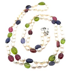 Tiffany & Co. Peridot Tourmaline Iolite Pearl 34" Necklace 18k Gold Clasp