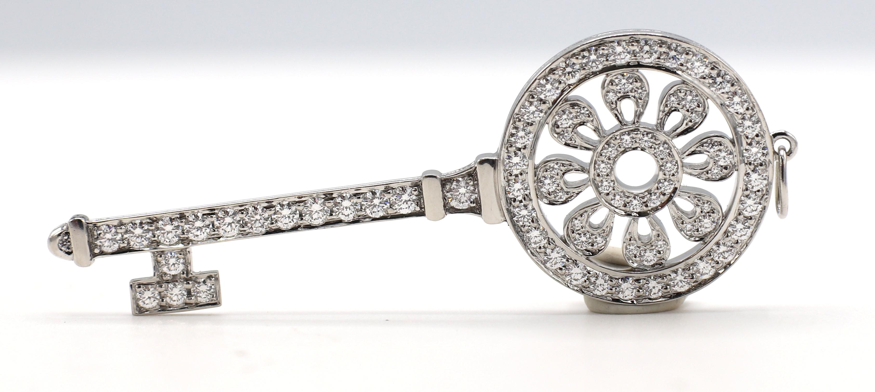 Tiffany & Co. Petals Platinum Diamond Key Pendant Charm
Metal: Platinum
Weight: 9.61 grams
Diamonds: 1.18 CTW G VS
Length: 2.25 inches
Width: 20 mm
Retail: $9,500 USD
