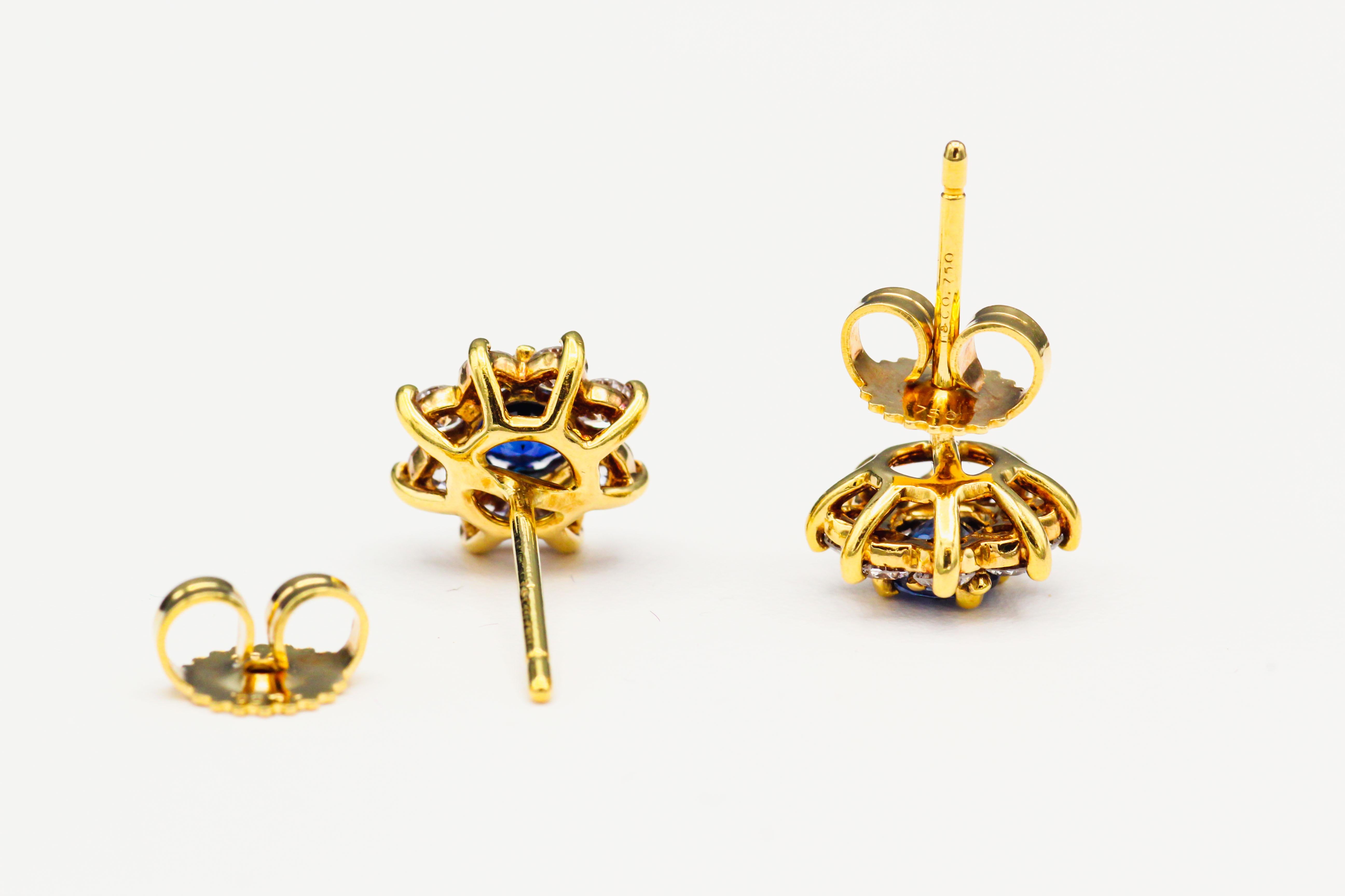 Round Cut Tiffany & Co. Petite Sapphire Diamond and 18 Karat Gold Stud Earrings