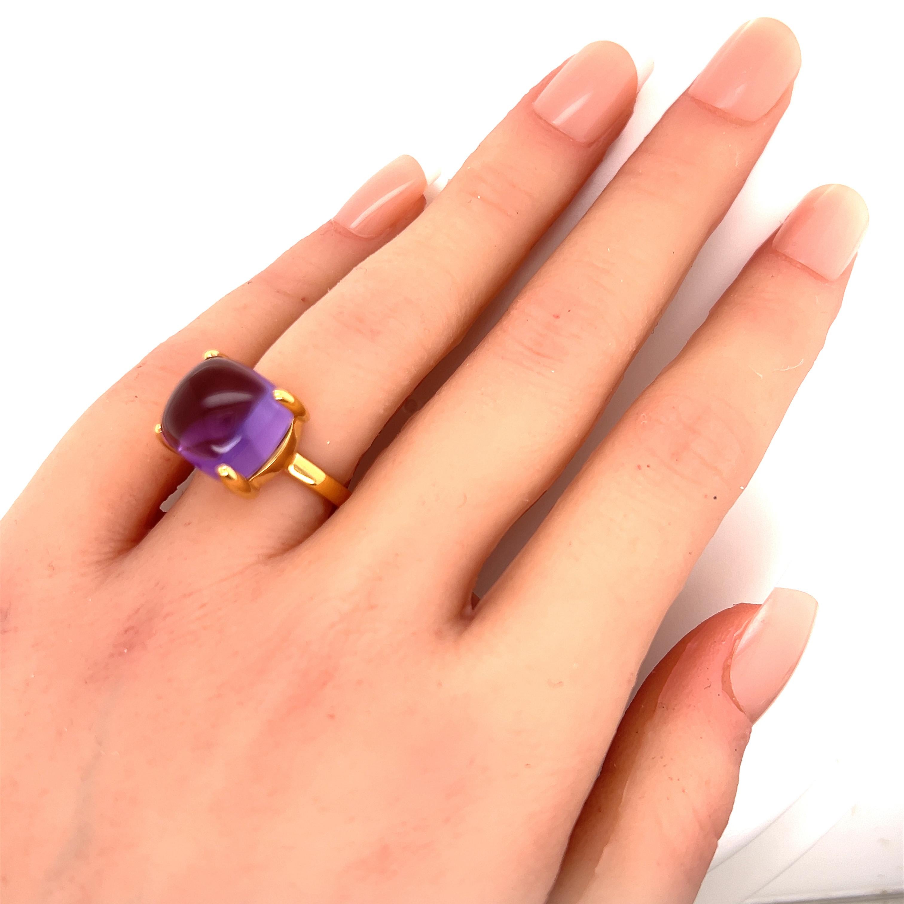 Material: 18k yellow gold   
Hallmark:  Tiffany & Co. 750 Paloma Picasso
Measurements:  12.5mm across x 12mm wide x 10mm high off the finger
Ring Size:  6.5    16mm across the inside of the band
Amethyst: 8.00 ct 12mm x 12mm
Weight:  7.1 grams 
Pre