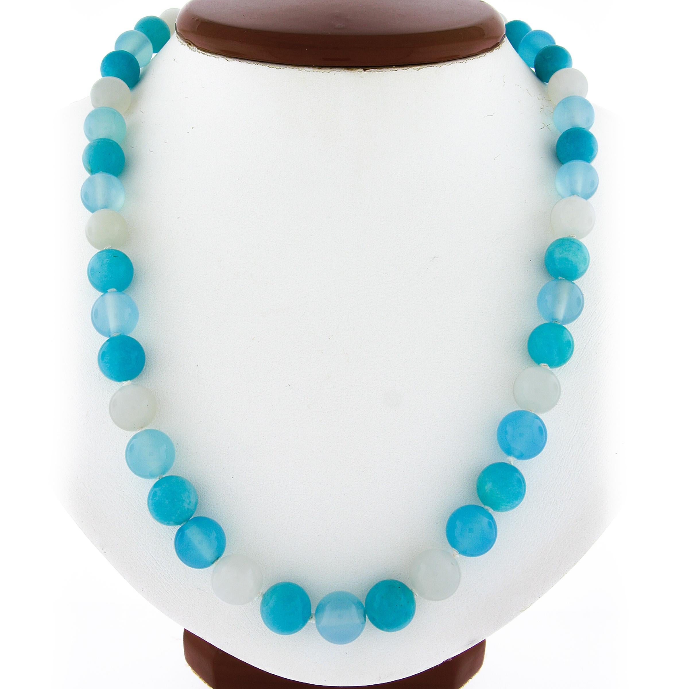 Item Details (Necklace)
--Stones:--
50 Natural Genuine Amazonite & Chalcedony - Bead Shape- Turquoise, Sky Blue & White Color - 10.2mm (approx.)

Material: String w/ Solid Sterling Silver Clasp
Weight: 69.9 Grams
Length: 22 Wearable Inches
Clasp: