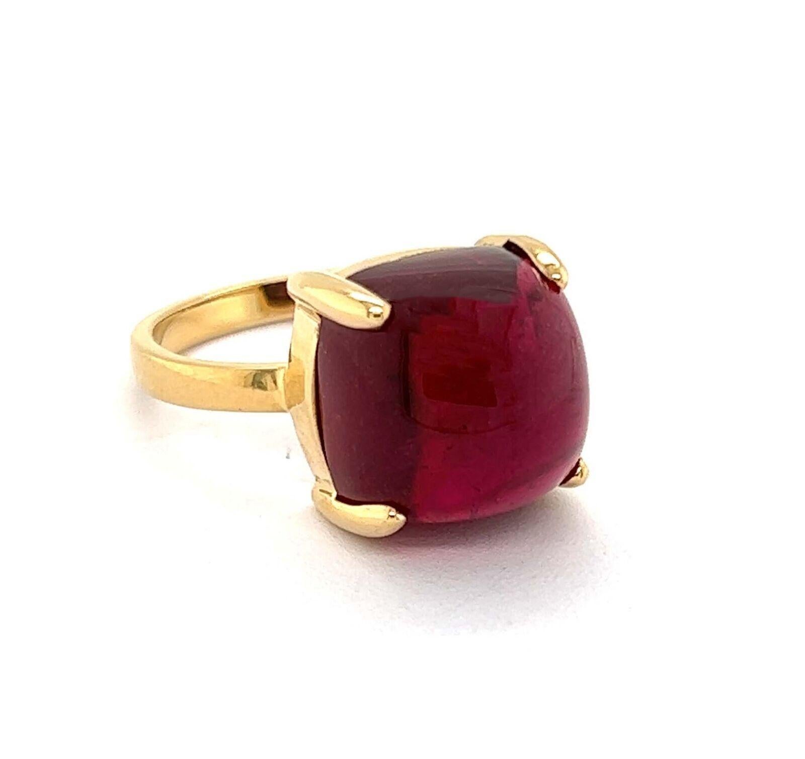 Brand:  Tiffany & Co.
Hallmark: Tiffany & Co. 750 Paloma Picasso
Gemstone: 8.00ct rubellite 12mm x 12mm
Material:  18k yellow gold
Measurement: 12.3mm x 12.3mm x 10mm high
Ring size:  7
Weight: 7.7 grams

This is a lovely authentic solitaire stone