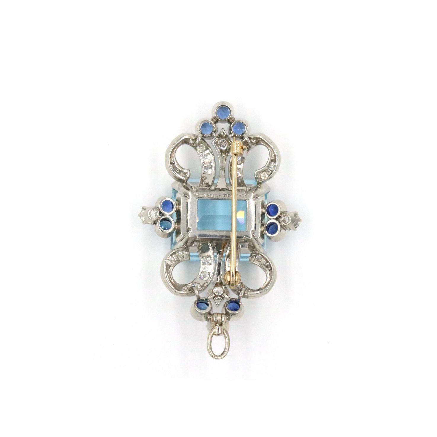 Round Cut Tiffany & Co. Pin / Pendant with Aquamarine, Sapphires and Diamonds in Platinum
