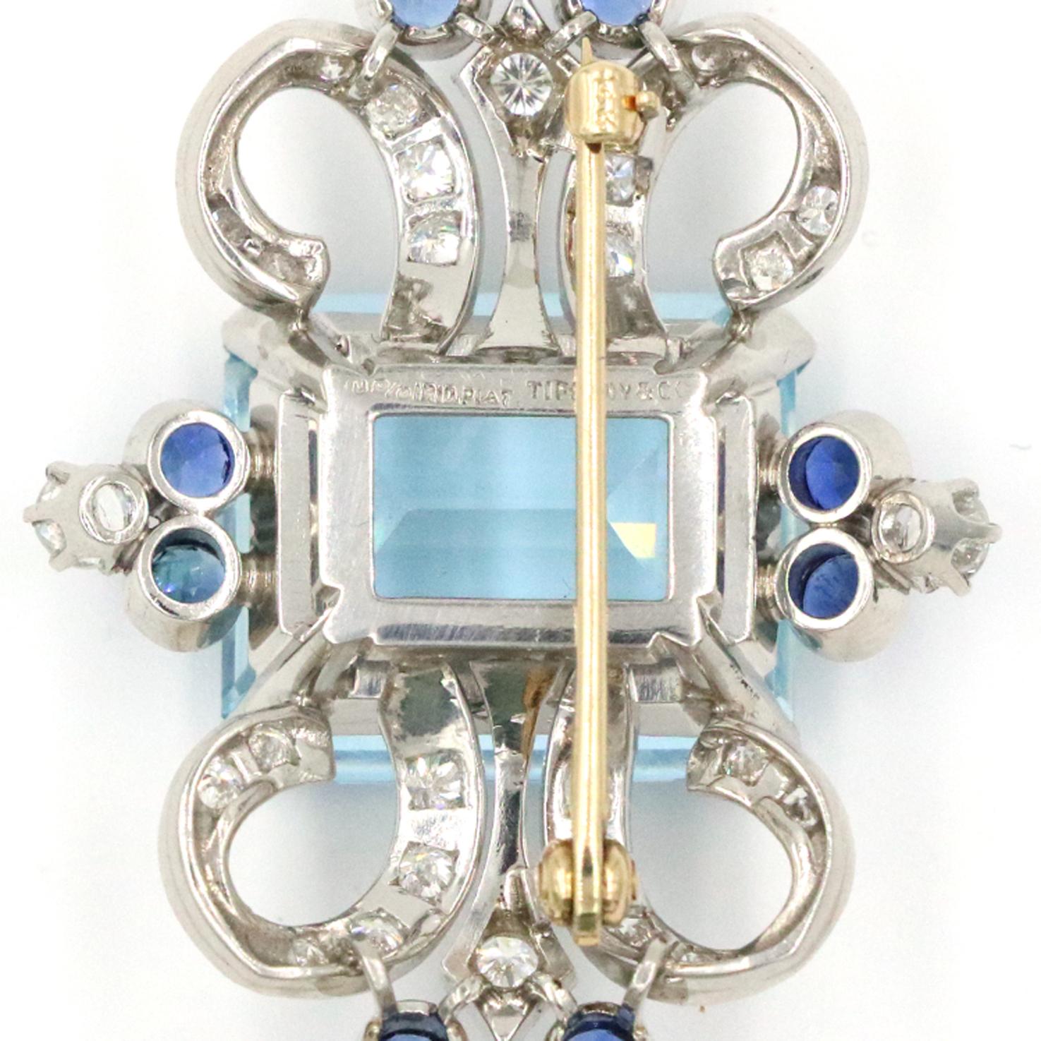 Tiffany & Co. Pin / Pendant with Aquamarine, Sapphires and Diamonds in Platinum In Excellent Condition In Naples, FL