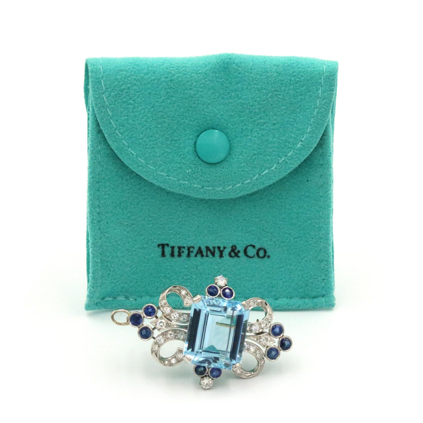 Women's Tiffany & Co. Pin / Pendant with Aquamarine, Sapphires and Diamonds in Platinum