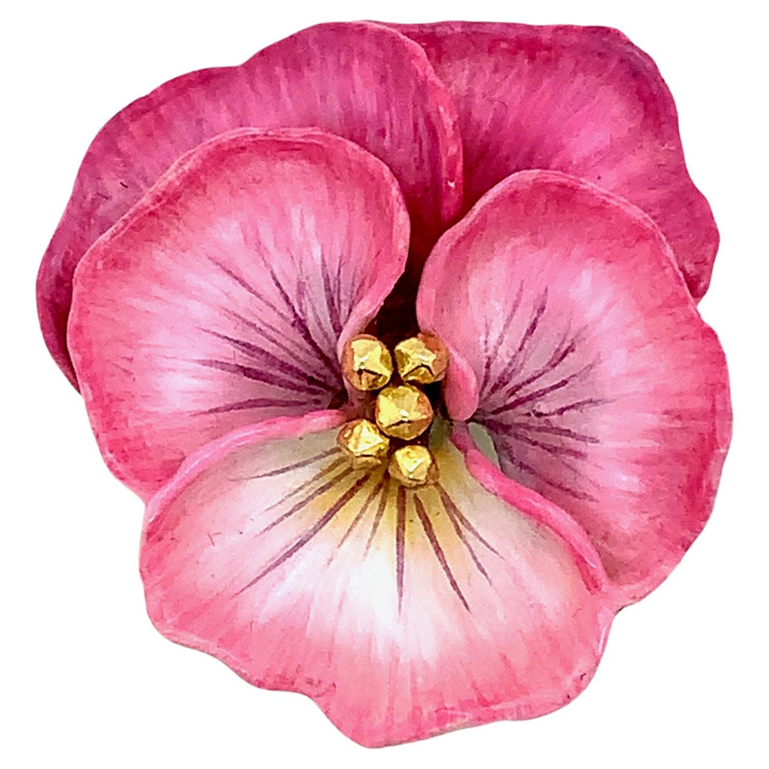 Tiffany & Co. Pink Pansy Gold Brooch For Sale