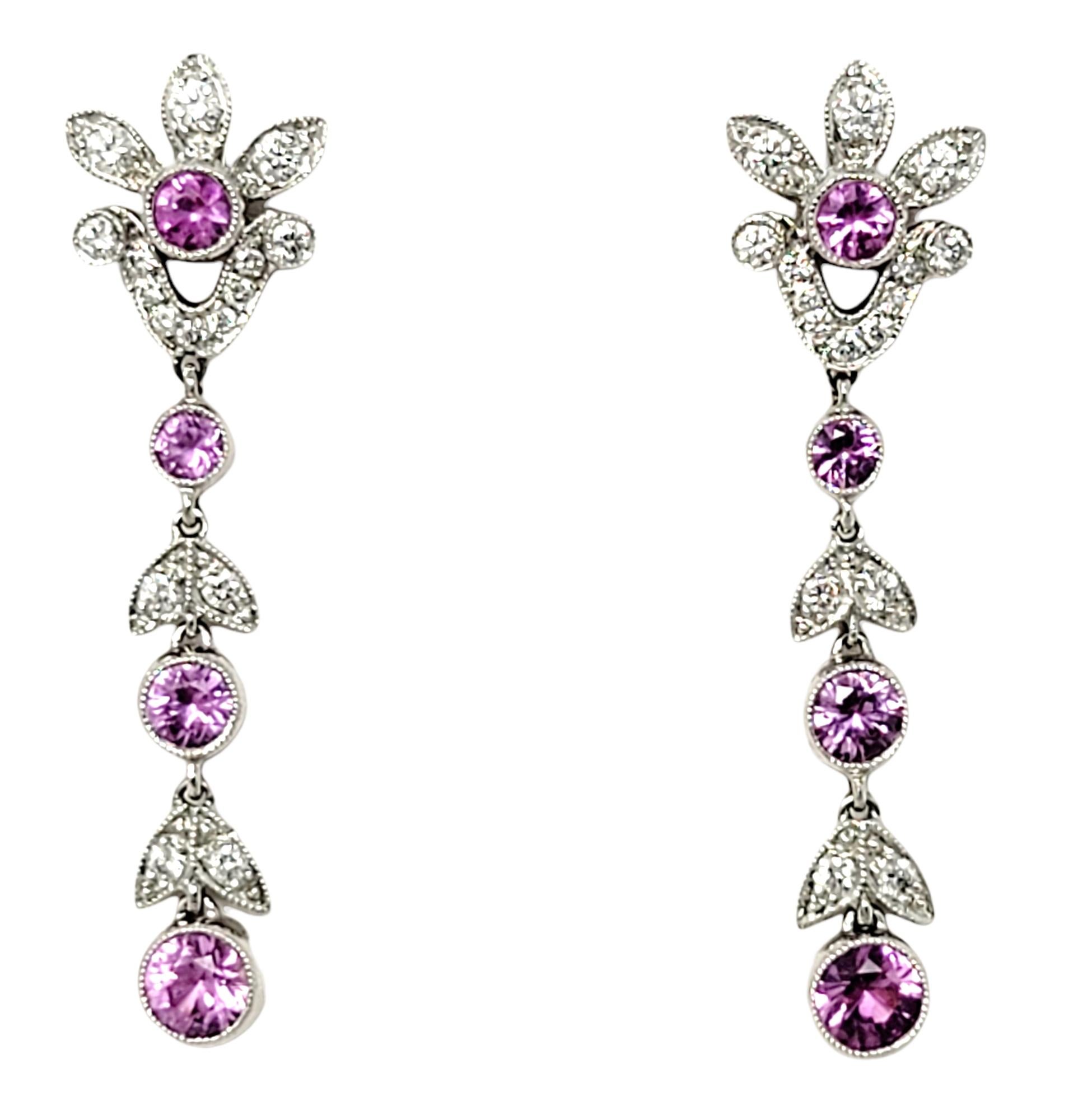 Tiffany & Co. Pink Sapphire and Diamond Floral Dangle Pierced Platinum Earrings For Sale 2