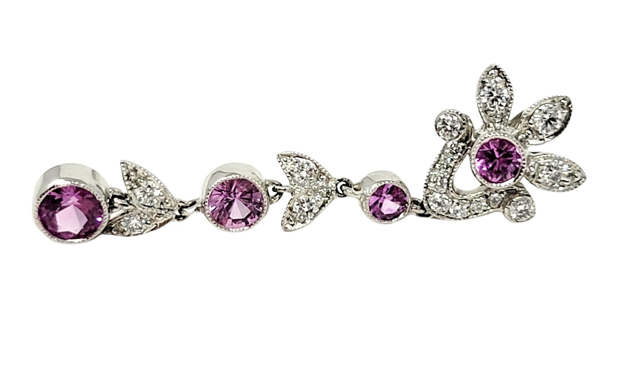 Contemporary Tiffany & Co. Pink Sapphire and Diamond Floral Dangle Pierced Platinum Earrings For Sale